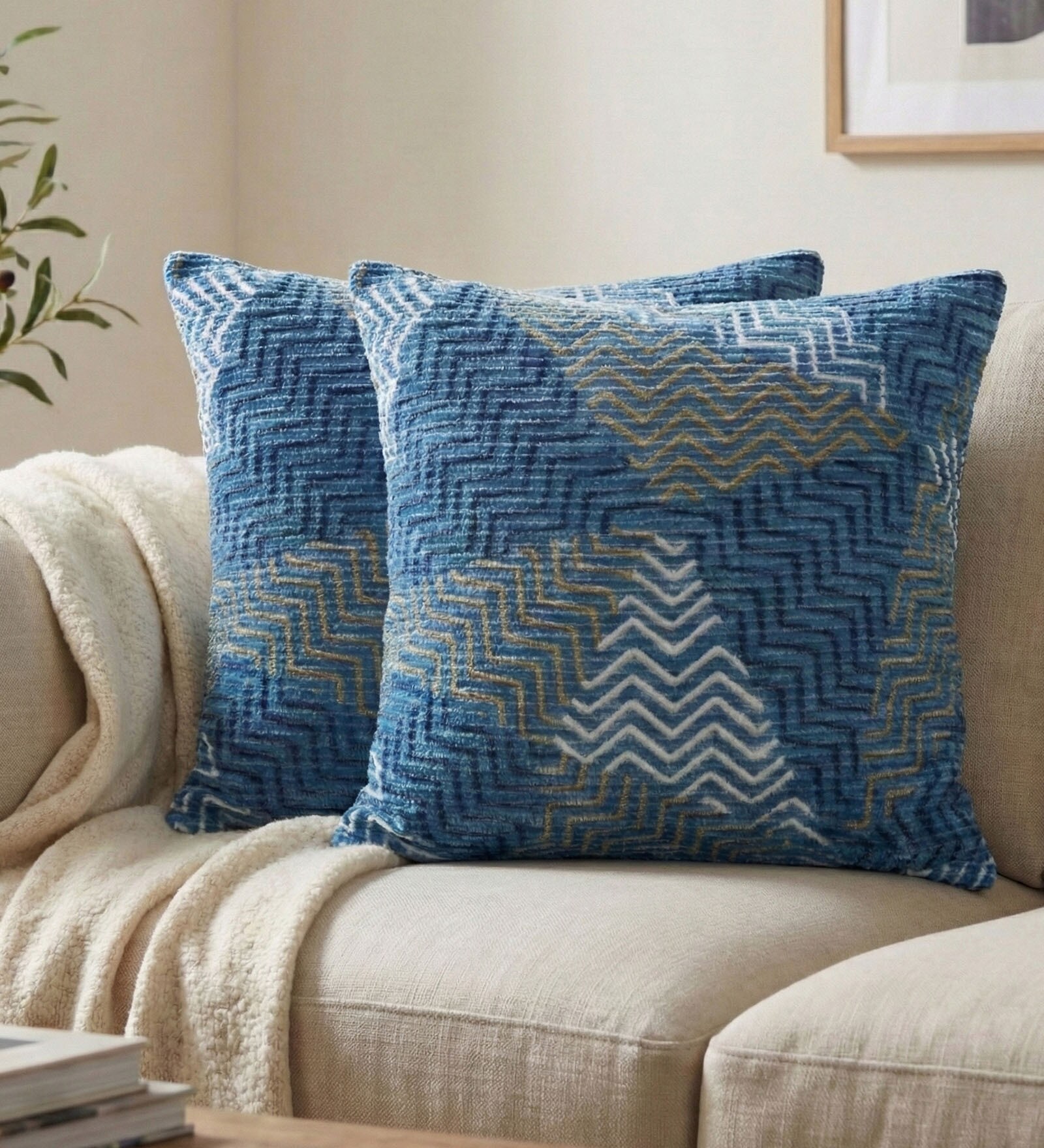 Blue Polyester Geometric 20x20 inches Cushion Covers Set of 2