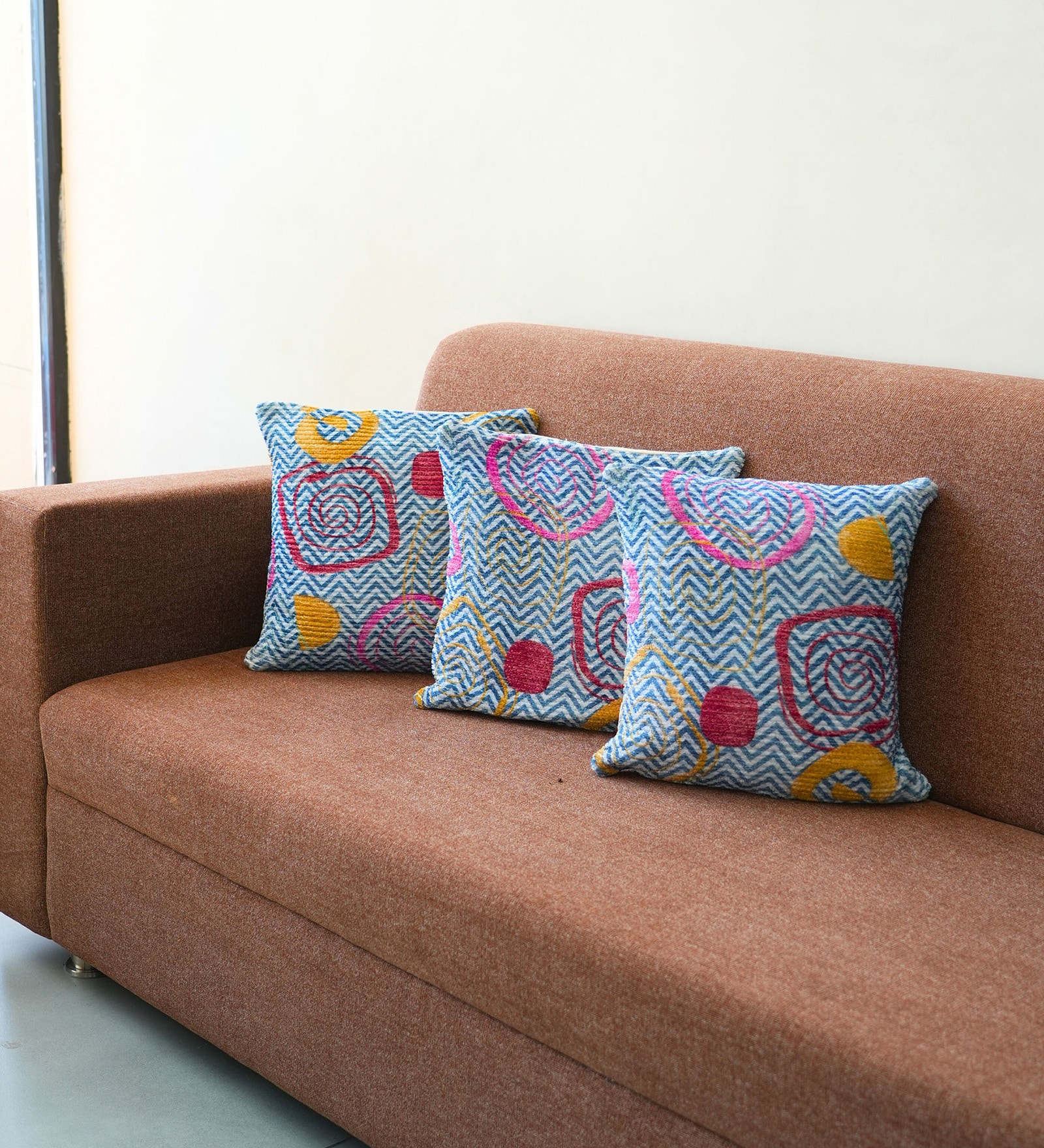 Blue Polyester Geometric 20x20 inches Cushion Covers Set of 3