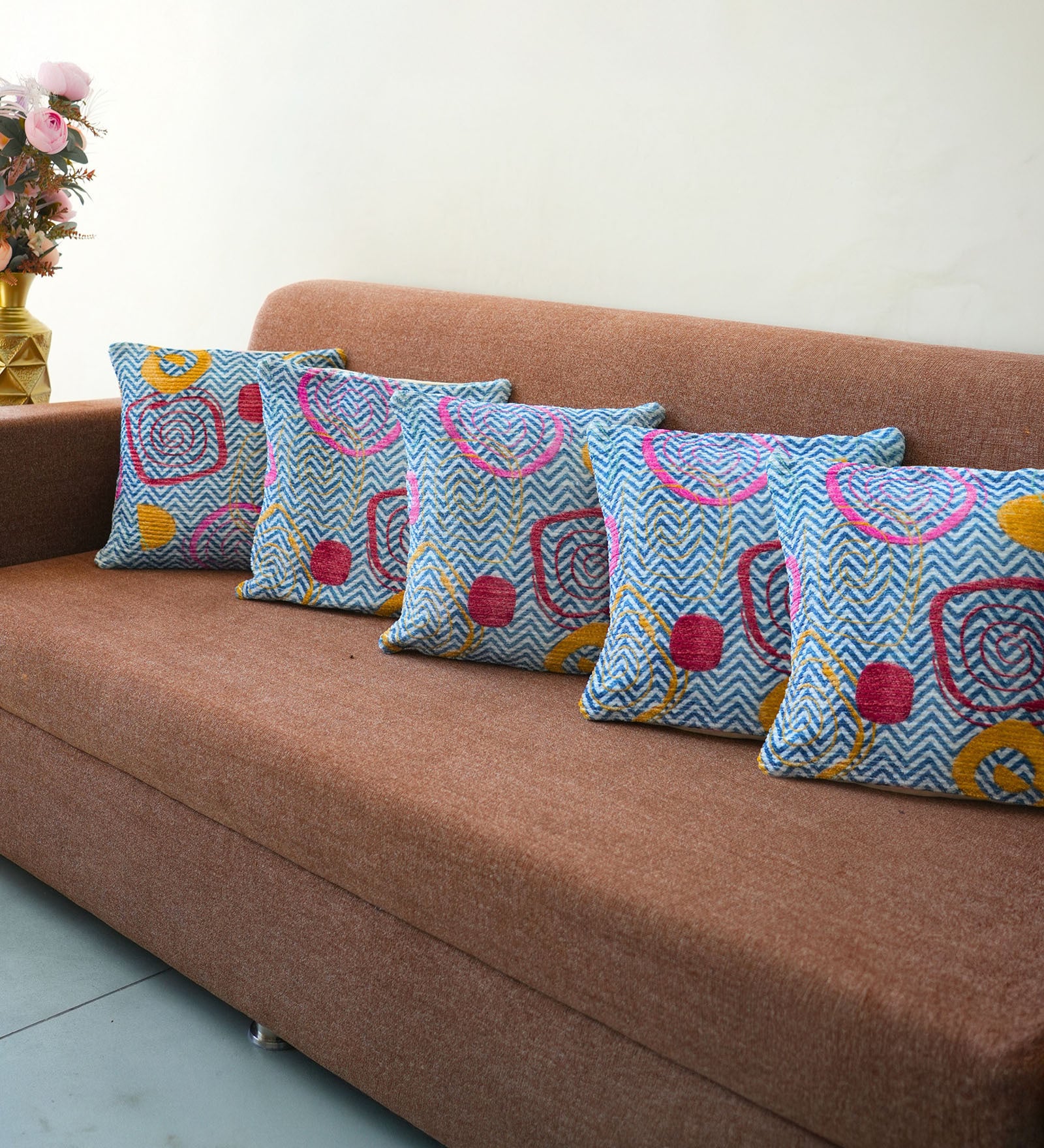 Blue Polyester Geometric 20x20 inches Cushion Covers Set of 5