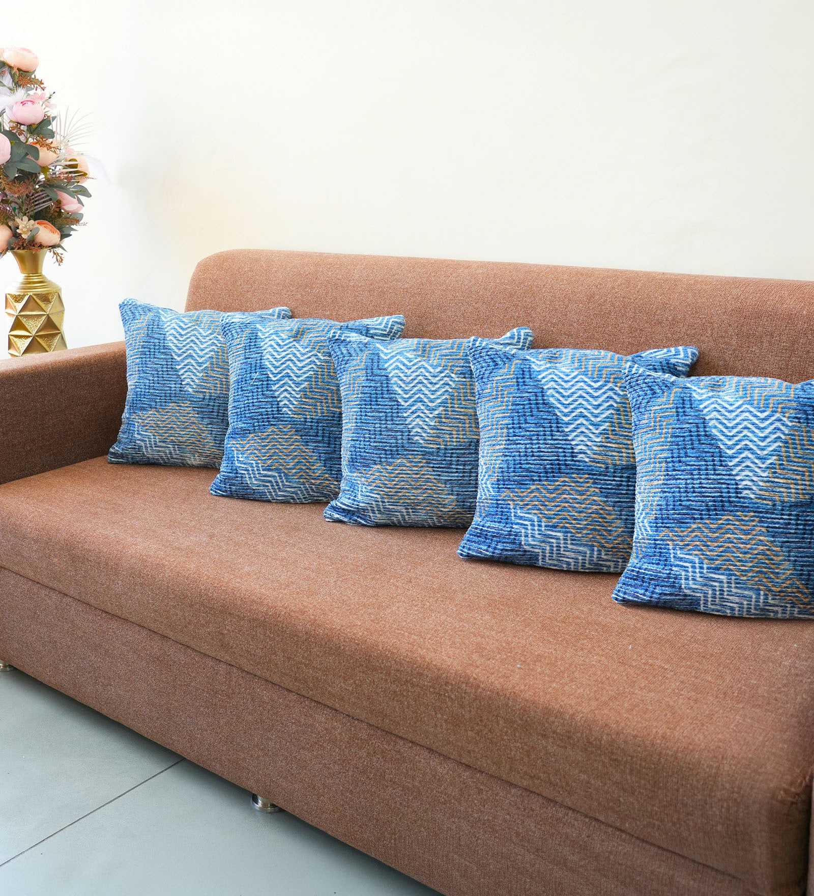 Blue Polyester Geometric 20x20 inches Cushion Covers Set of 5