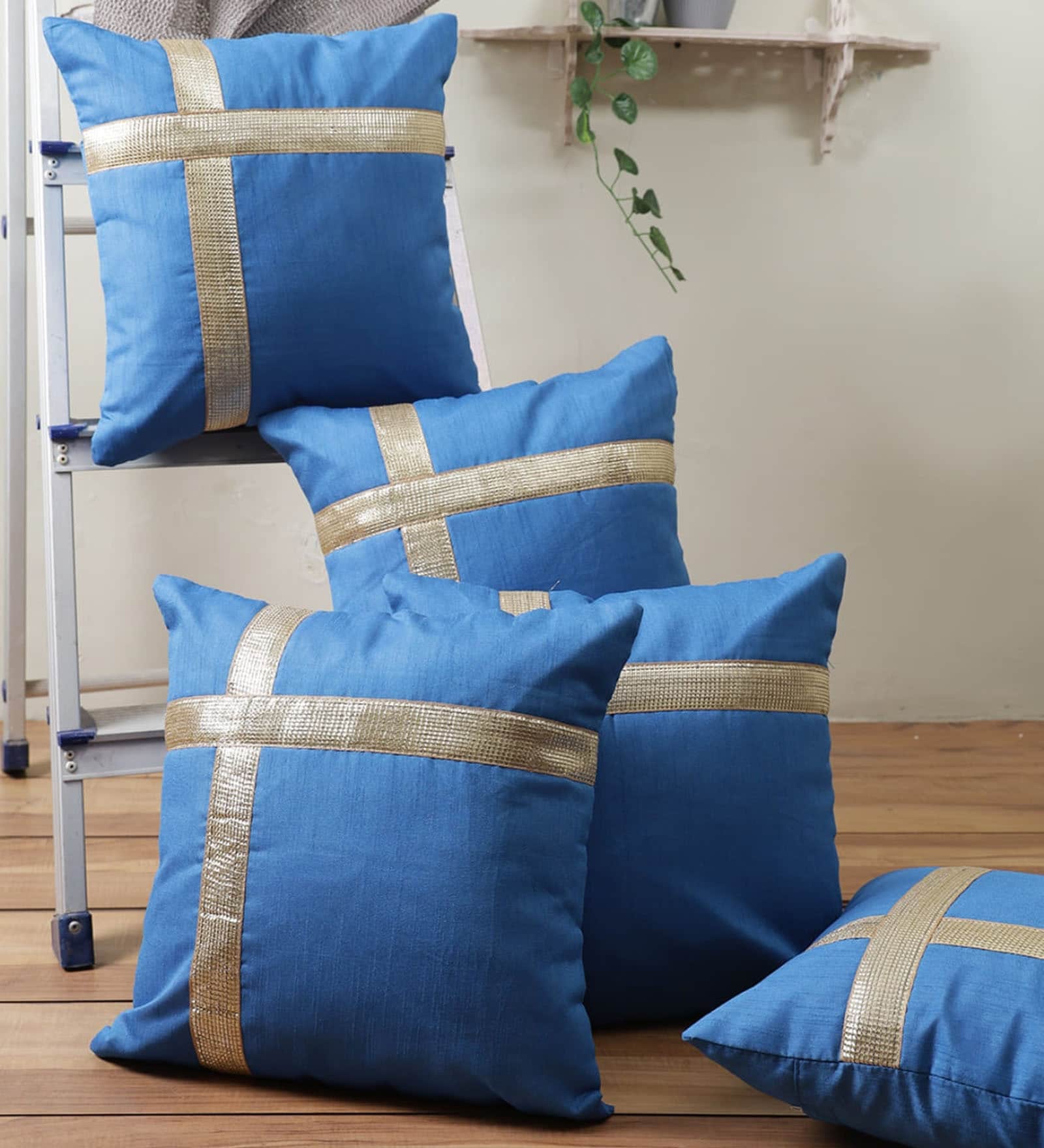 Blue Polyester Geometric 40x40 inches Cushion Covers Set of 5