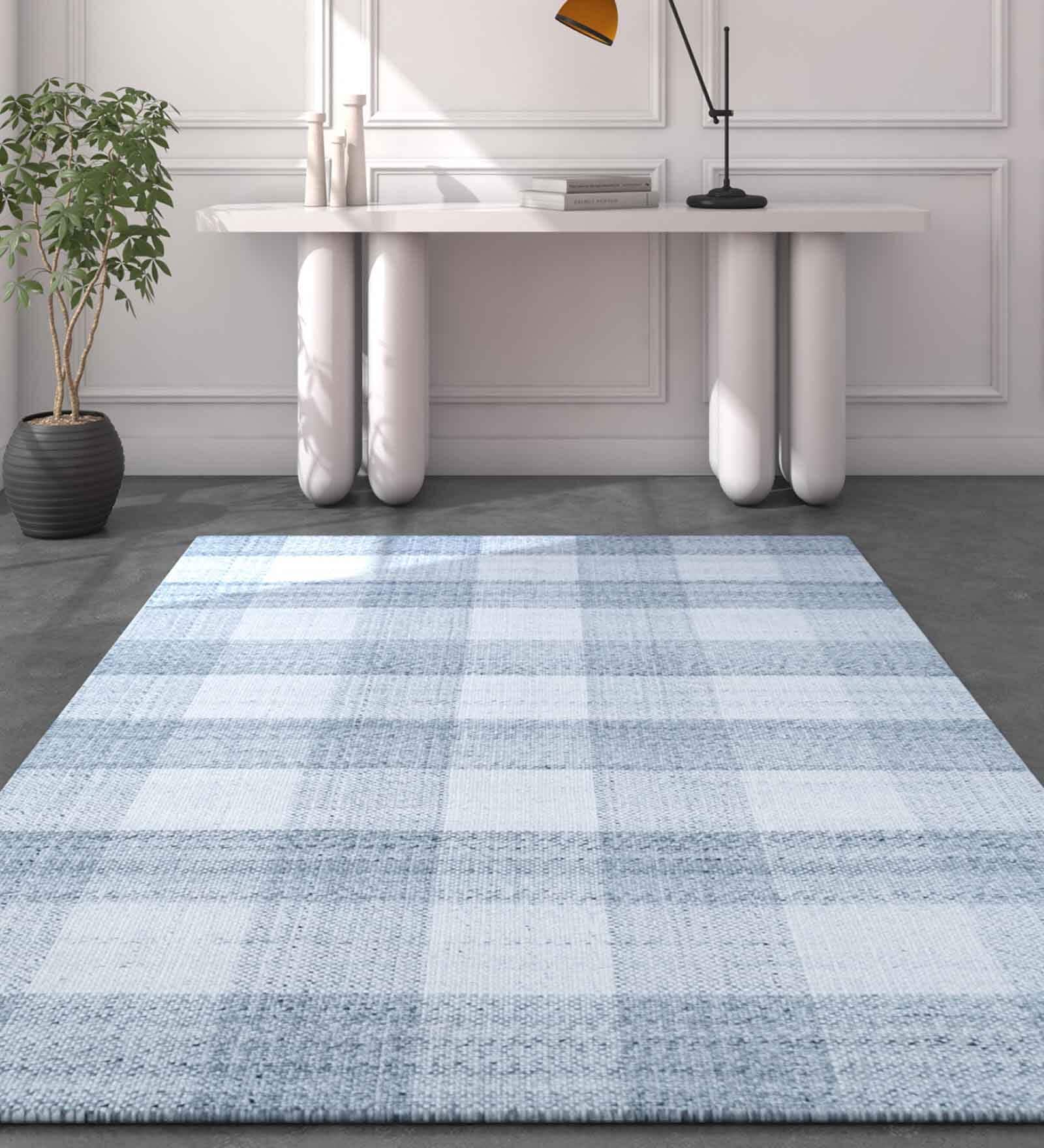 Blue Polyester Geometric 60 x 84 Inches Flat Weaves Dhurries