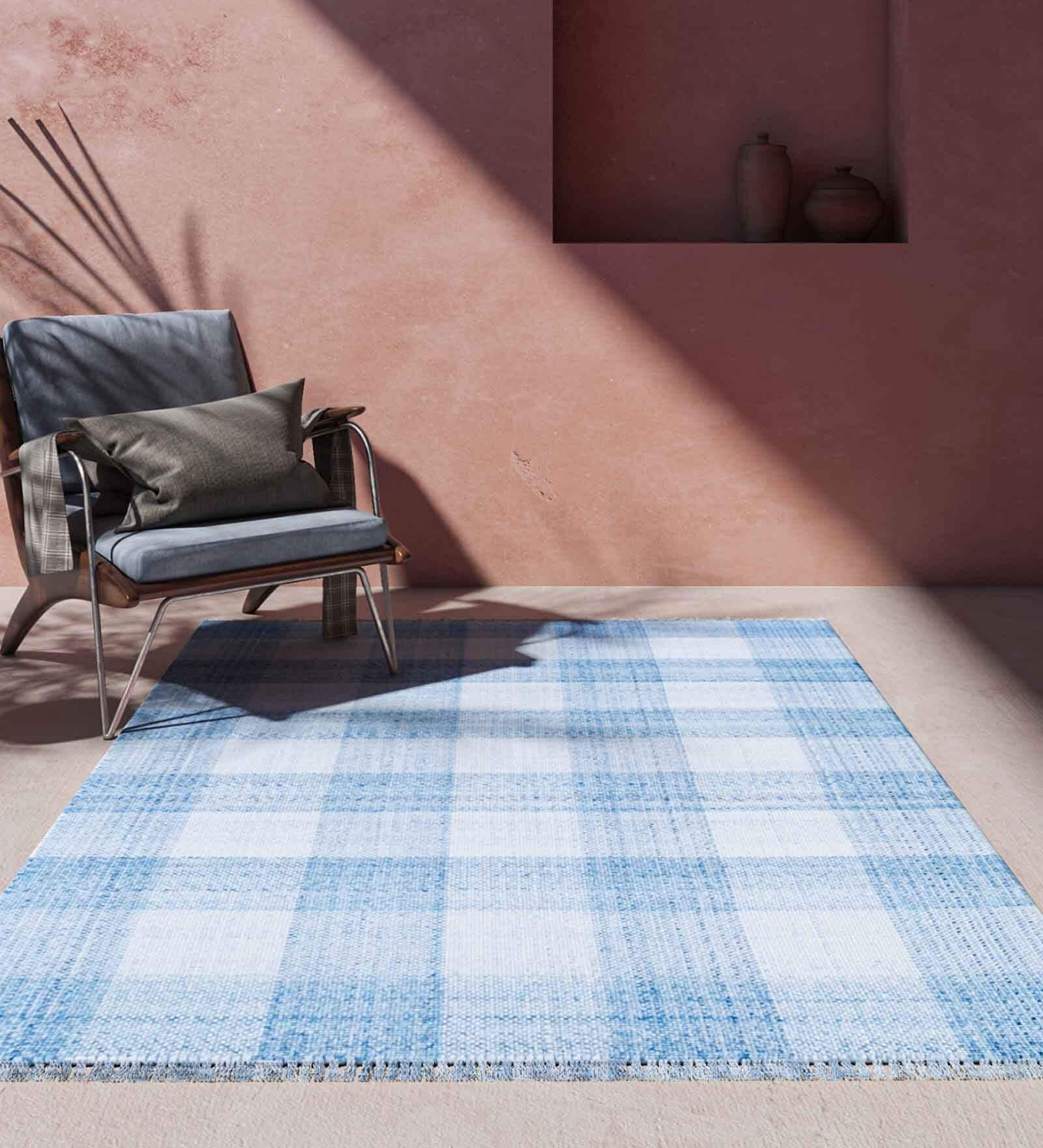 Blue Polyester Geometric 96 x 120 Inches Flat Weaves Dhurries