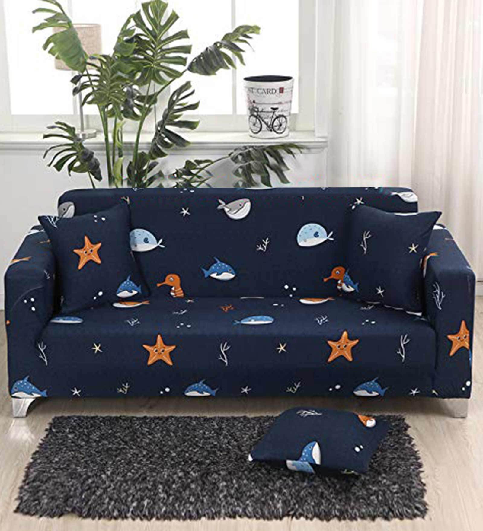 Blue Polyester Printed 90x18 Flexible Stretch 3 Seater Sofa Slipcover