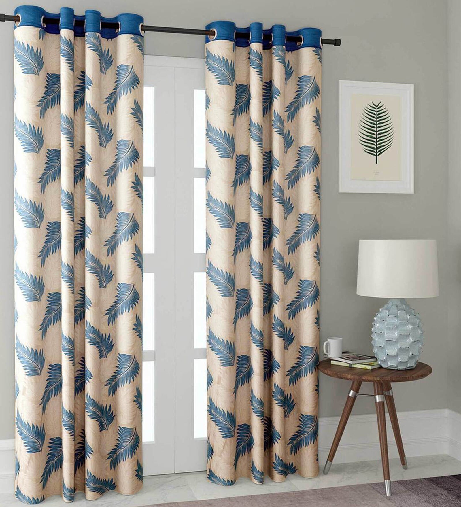 Blue Floral Polyester 7 Ft Semisheer Eyelet Door Curtains (Set of 2)