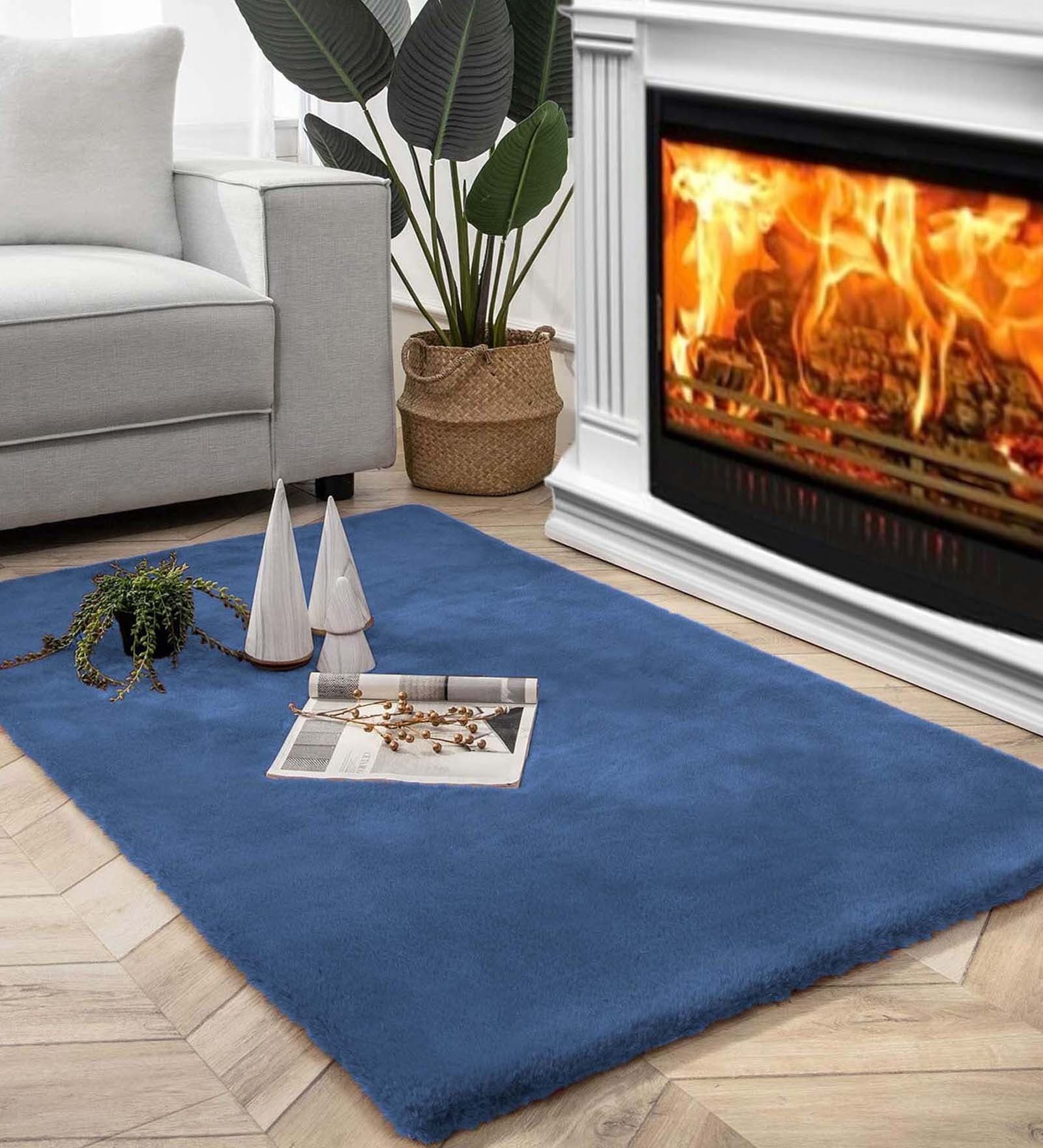 Blue Solid Polyester 3 ft x 5 ft Machine Made Carpet
