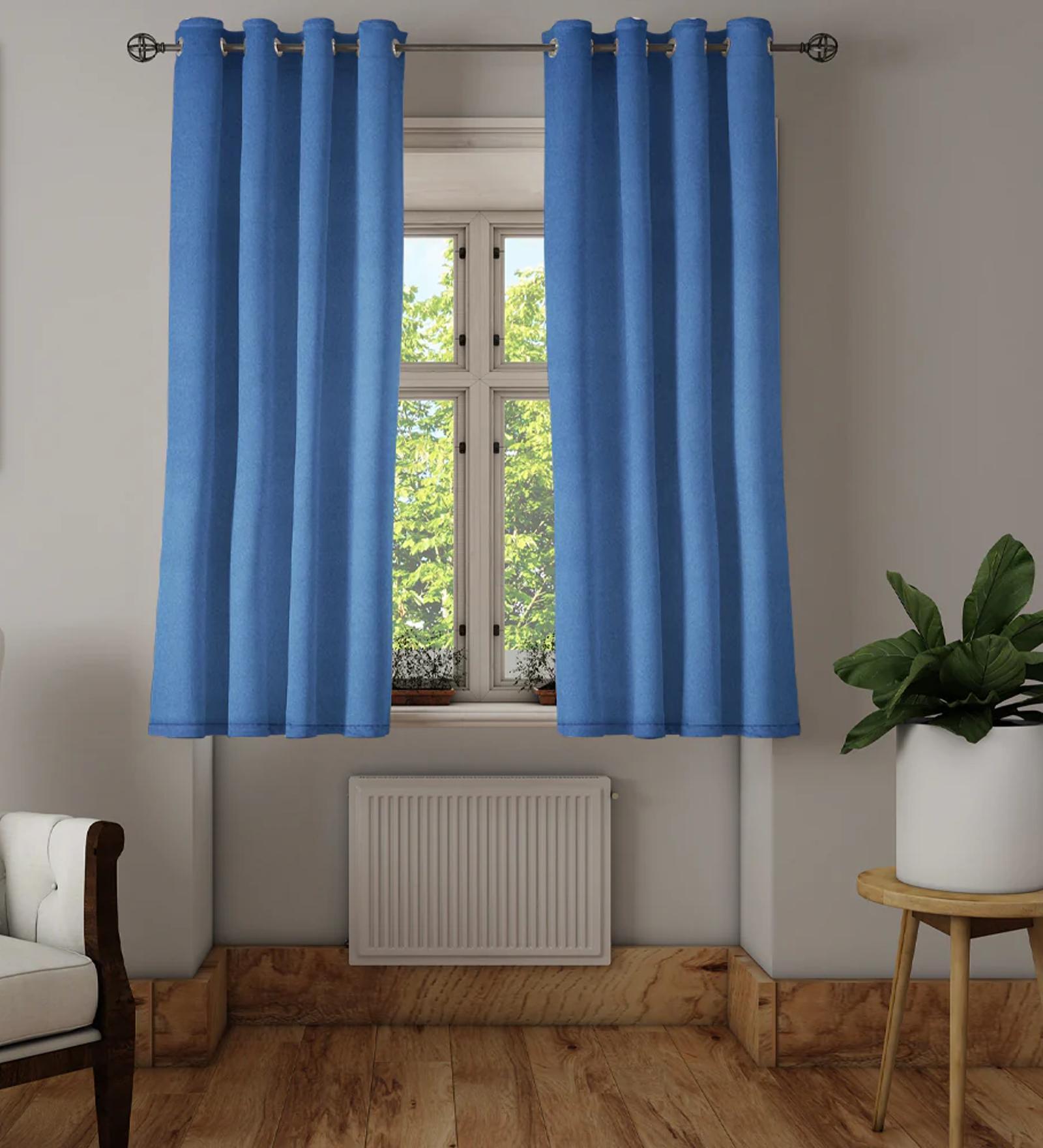 Blue Polyester Solid 5ft Blackout Eyelet 2 Pc Window Curtains
