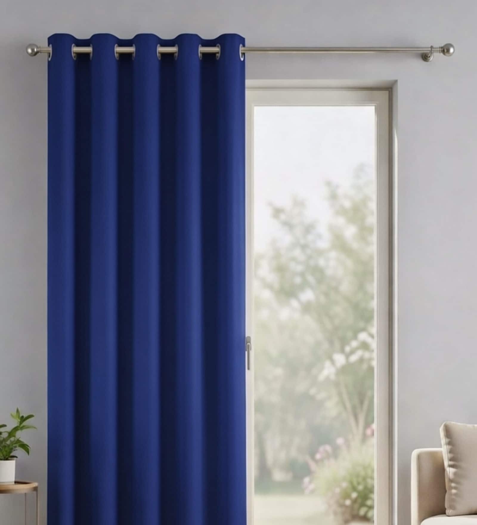 Blue Polyester Solid Light Filtering Eyelet 7 Feet Door Curtain