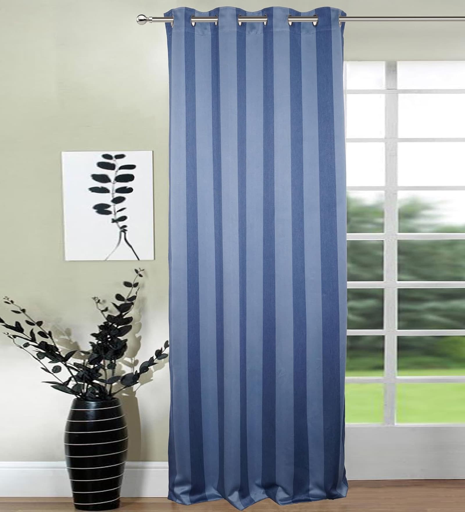 Buy Blue Polyester Striped 75ft Light Filtering Eyelets Door Curtain At 3 Off By Lushomes 7917