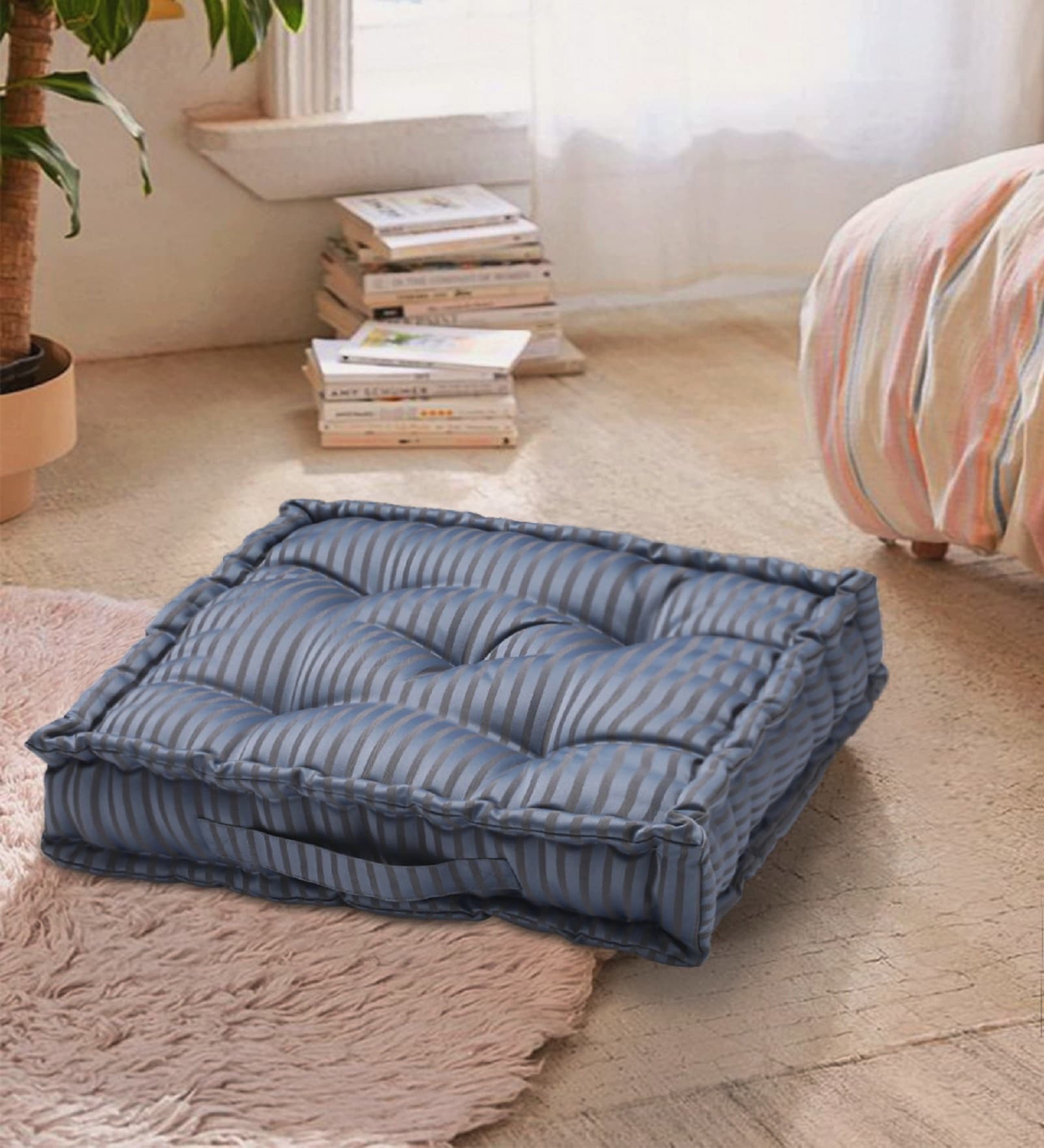 Blue Striped Polyester 20x20 Inches Floor Cushion