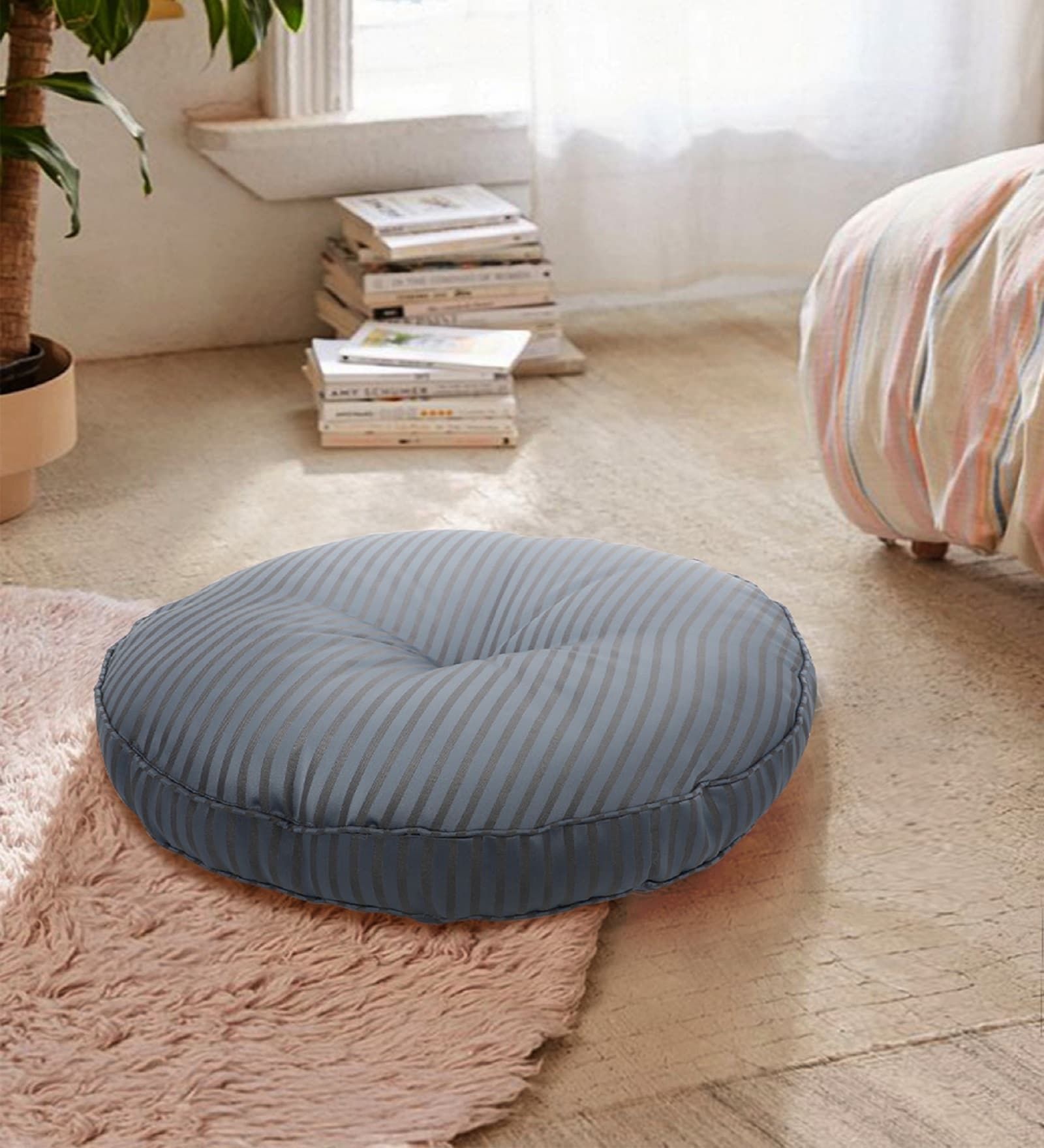 Blue Striped Polyester 22x22 Inches Floor Cushion