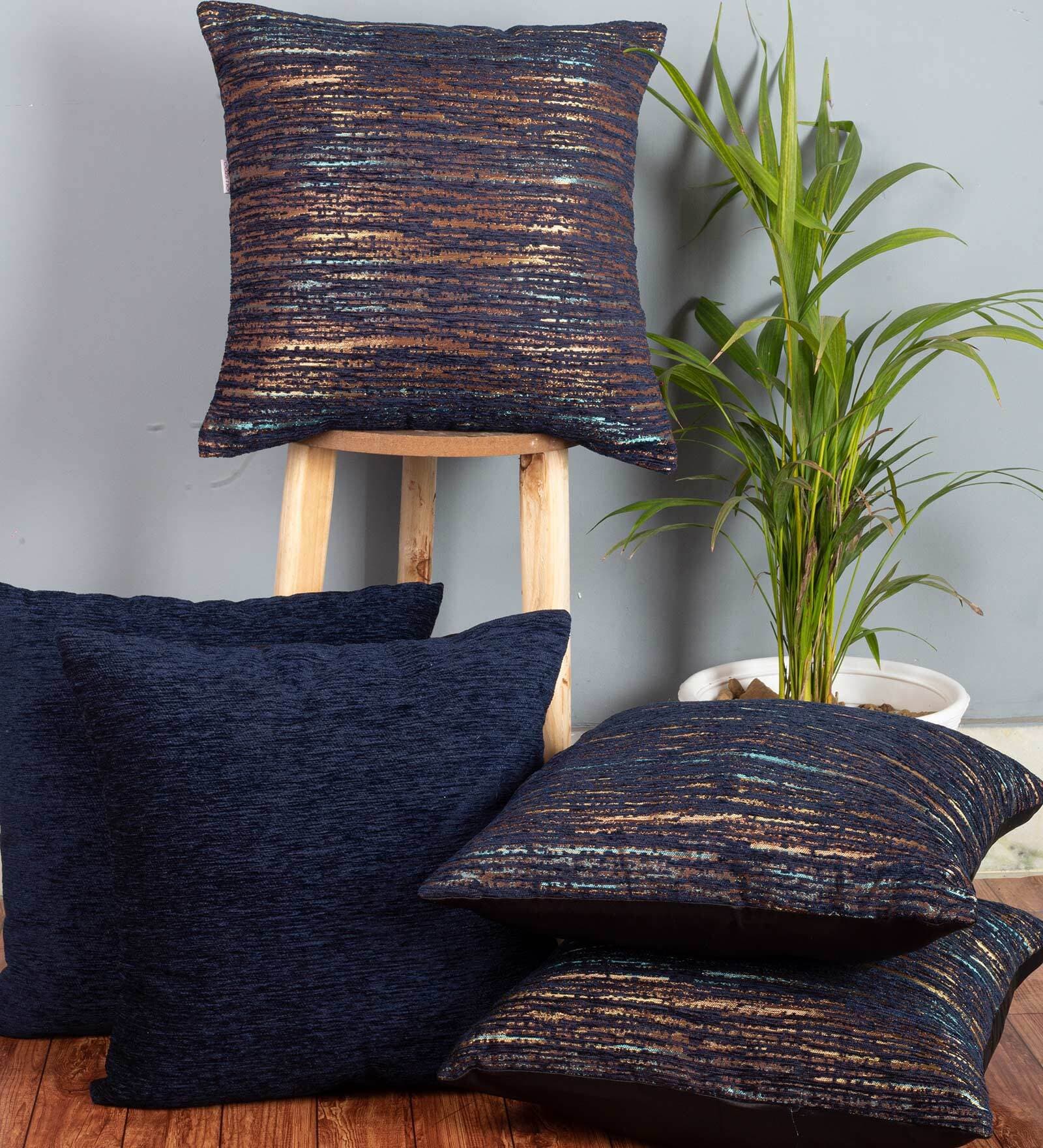 Blue Textured Polyester 16 x 16 Inches Cushion Covers (Set of 5)