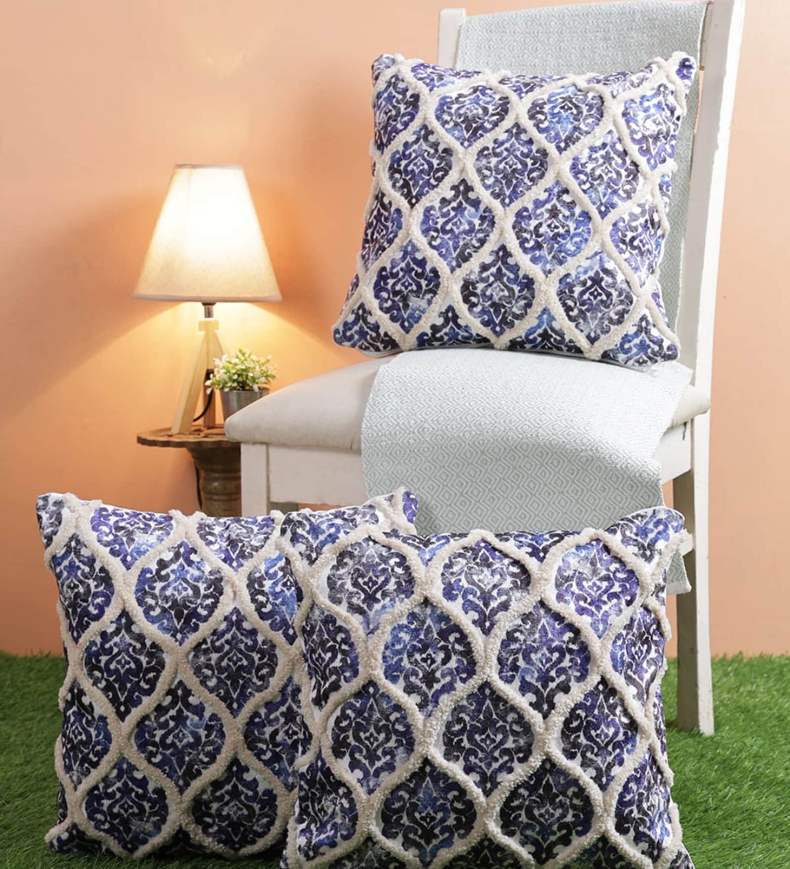 Blue Polyester Traditional 40x40 inches Cushion Covers Set of 3