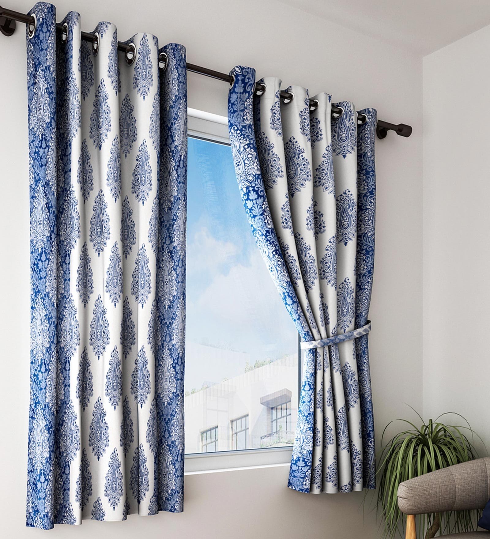 Blue Traditional Polyester 5 Ft Semisheer Eyelet Window Curtains (Set of 2)