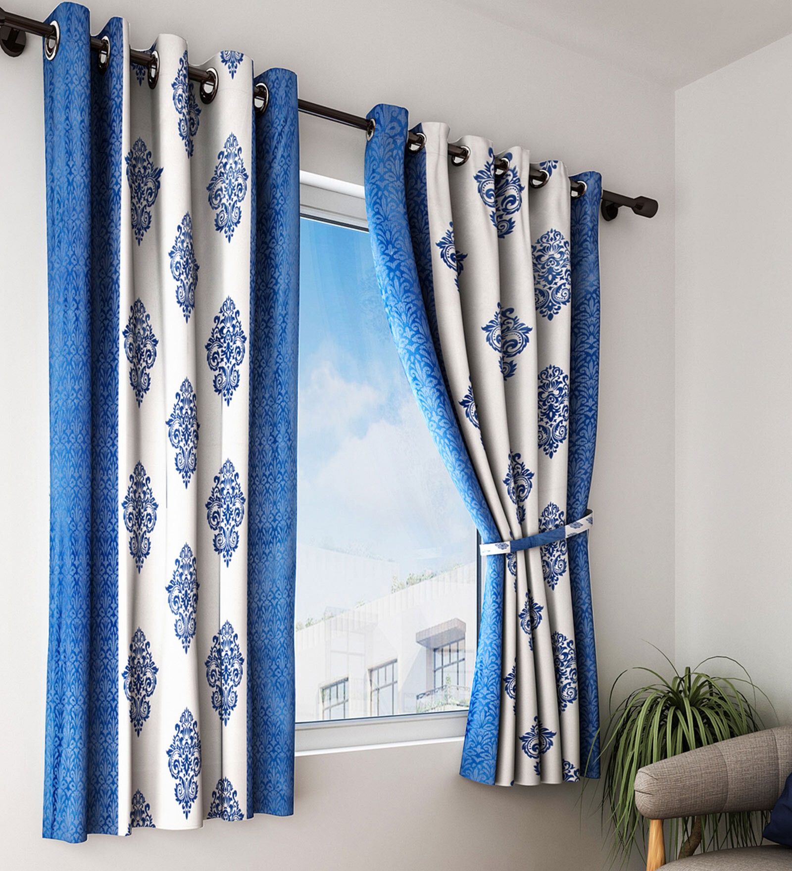 Blue Traditional Polyester 5 Ft Semisheer Eyelet Window Curtains (Set of 2)