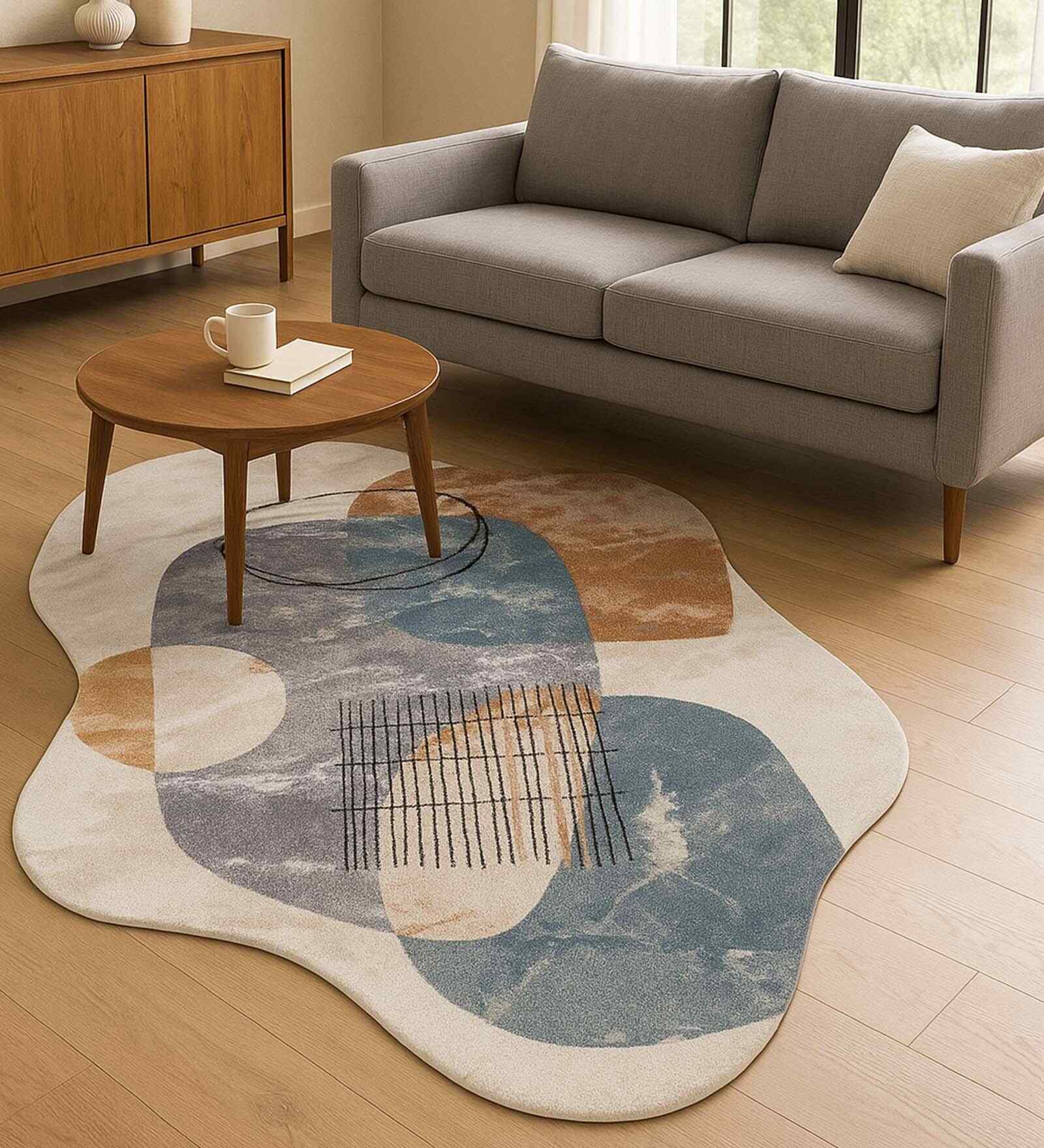 Blue Polypropylene Abstract Machine Made 5 X 7 Feet Carpet