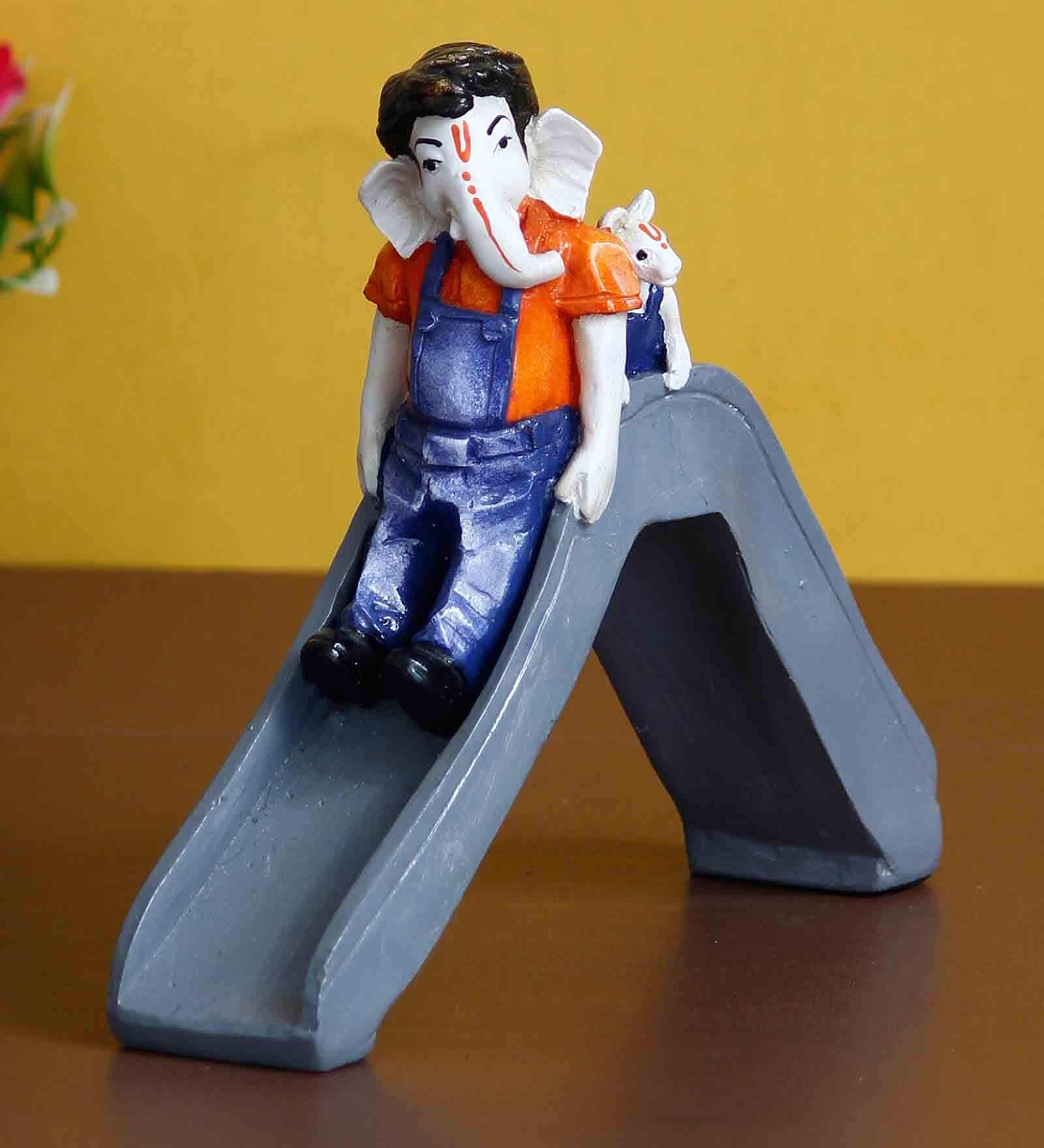 Blue Polyresin Lord Ganesha Enjoying Slide with Mushak Idol