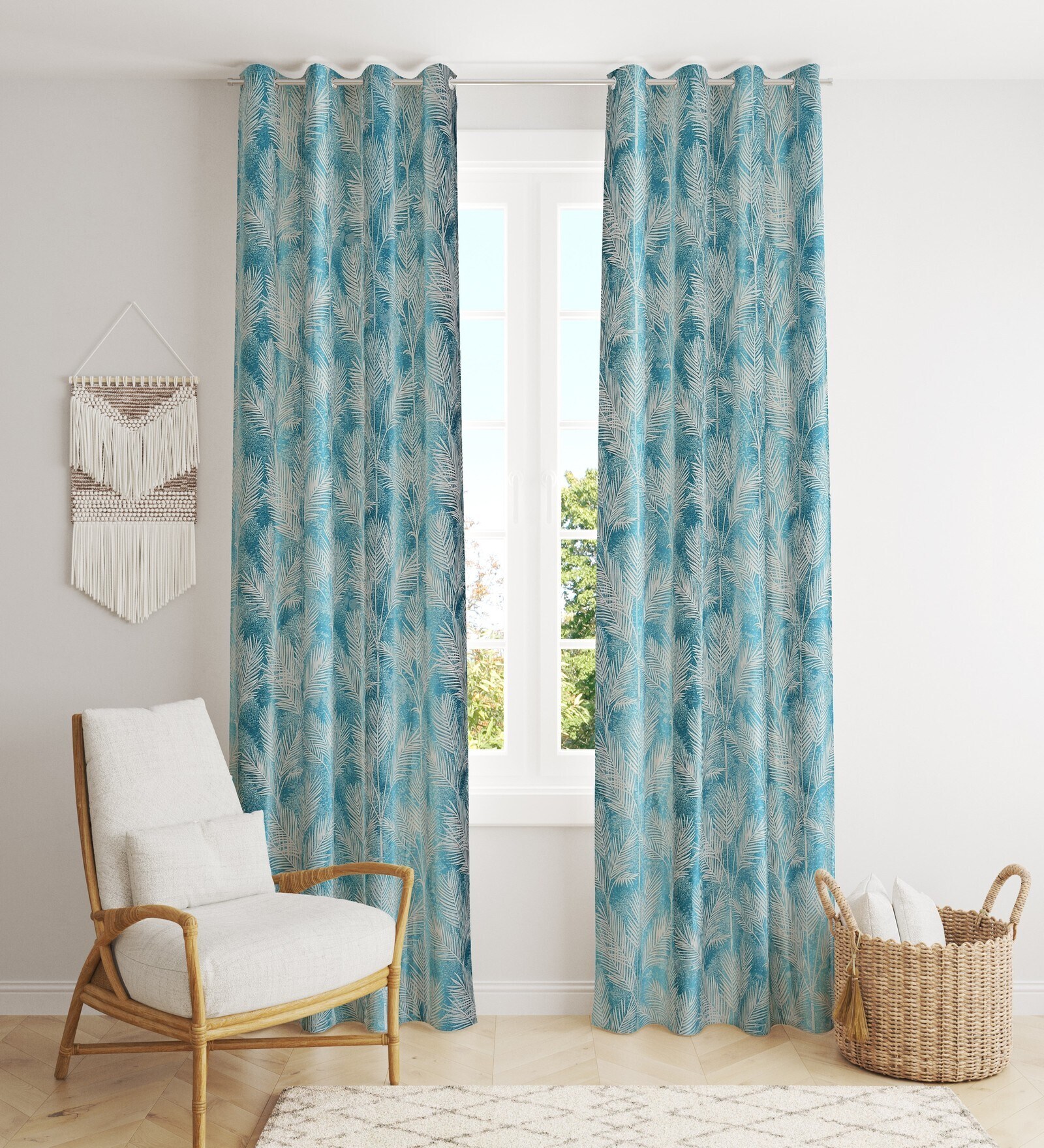Blue Poleyster Camrin Leaves 9 Feet Semi Transperency Ring Top Long Door Curtains 2Pcs