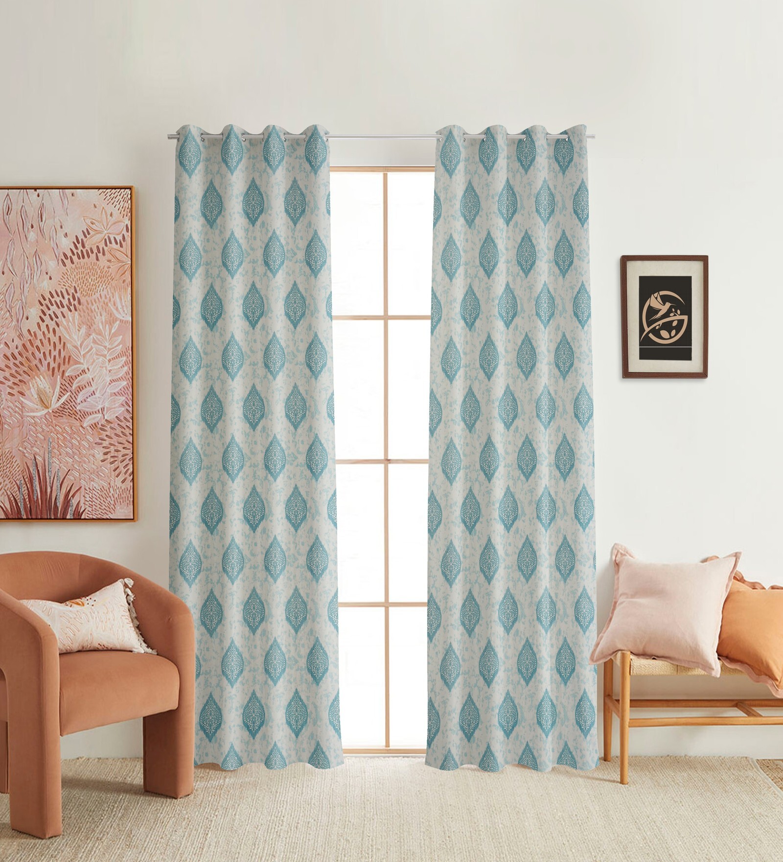 Blue Poleyster Camrin Leaves 9 Feet Semi Transperency Ring Top Long Door Curtains 2Pcs