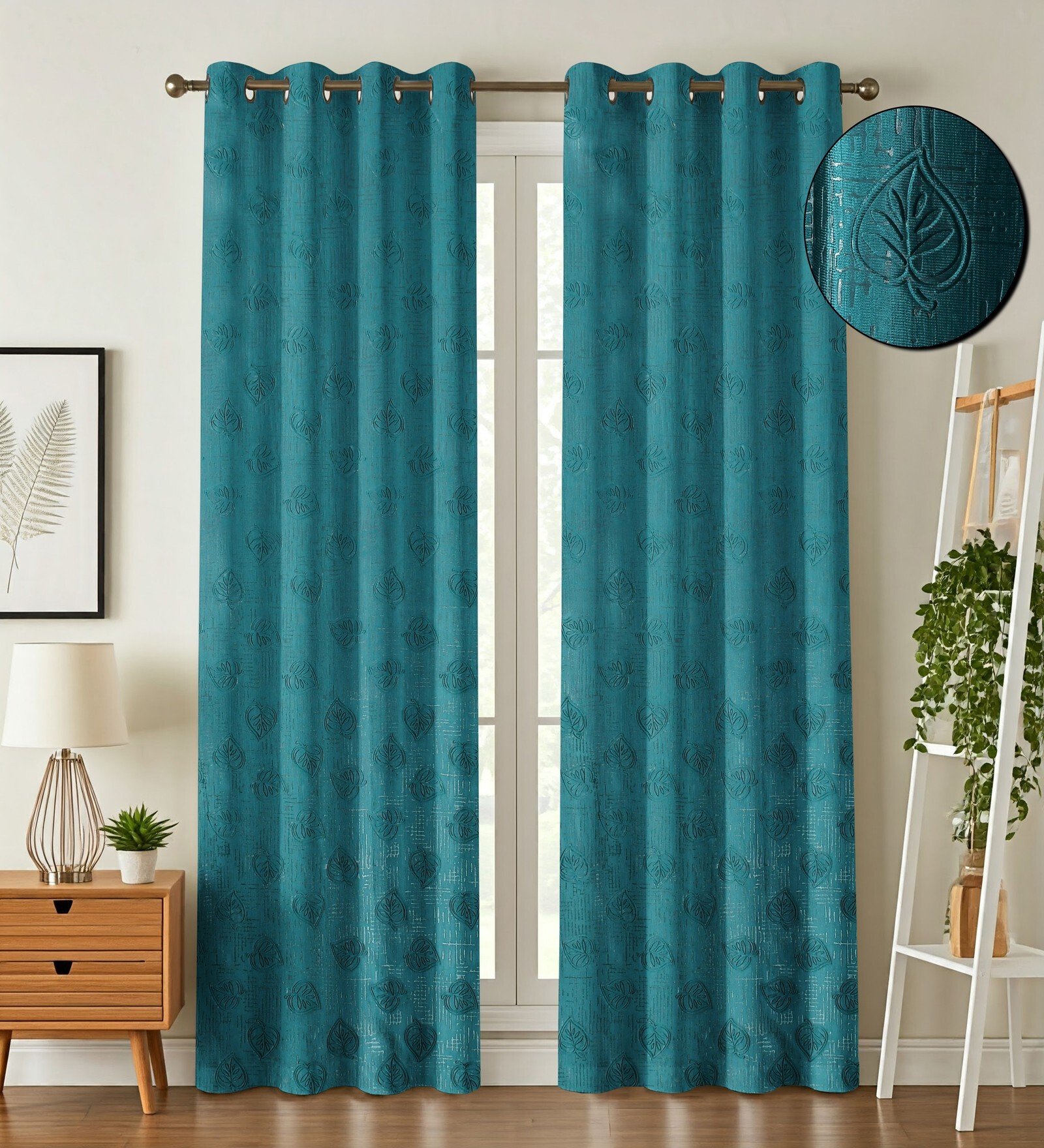 Blue Poleyster Floral 5 Feet Semi Transperency Ring Top Window Curtains 2Pcs
