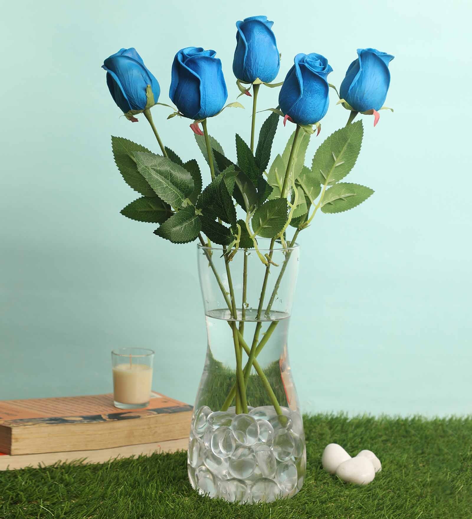 Buy Blue Polyurethane Rose Artificial Flower, Pack of 5 by Pollination