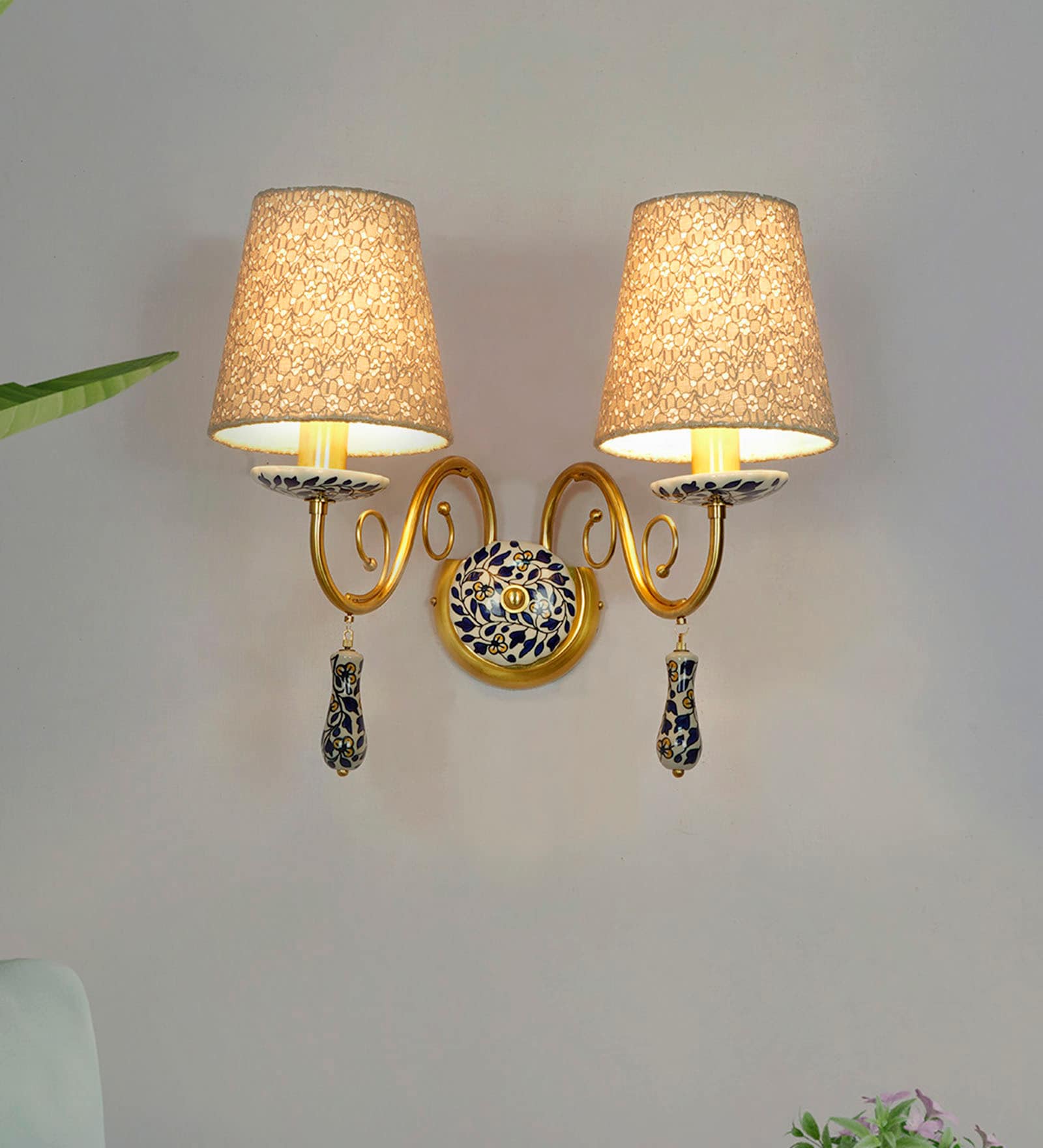 Blue Pottery Floral Double Wall Sconce with Yellow Flowers