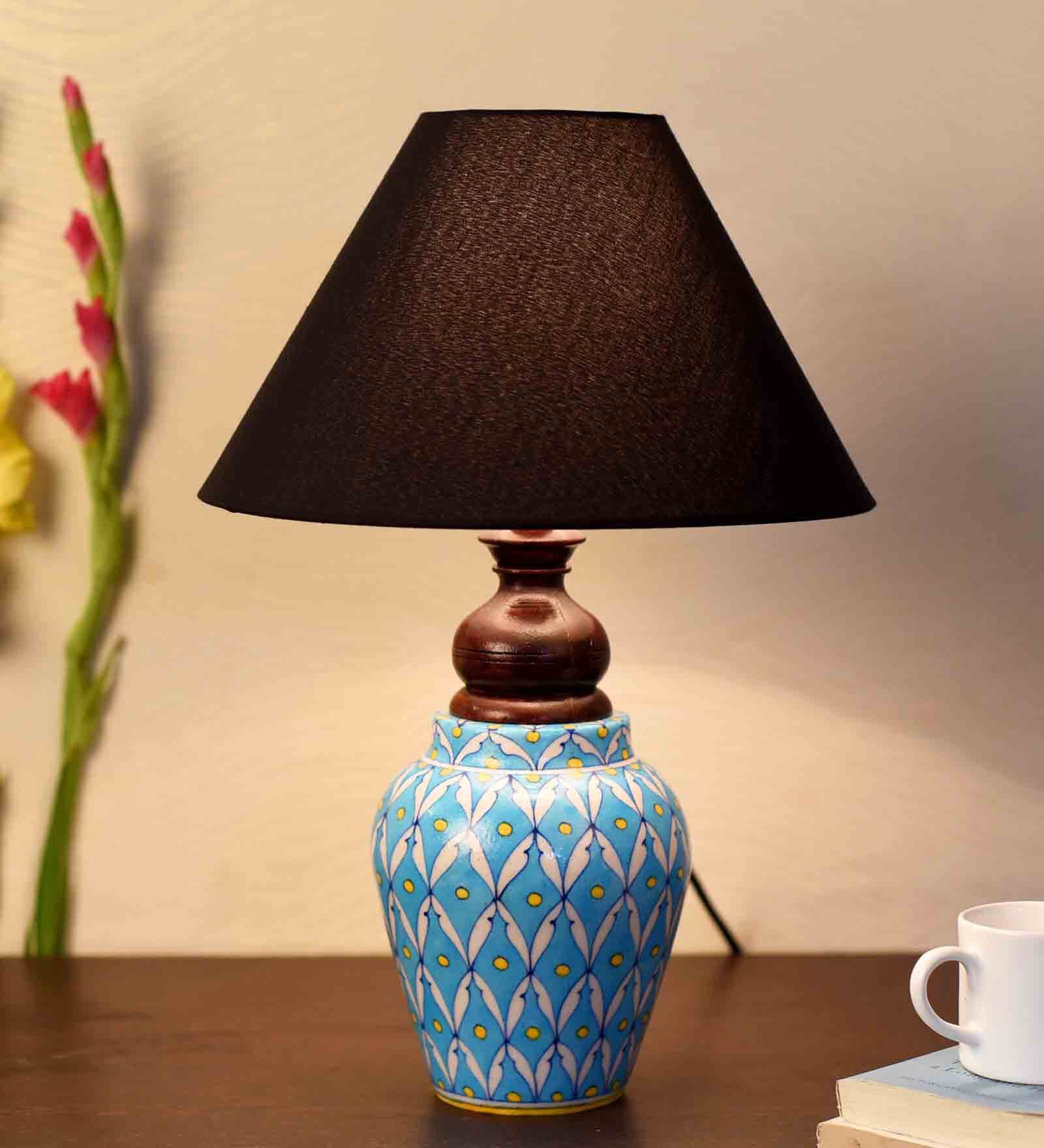 Blue Pottery White Leave And Yellow Dot Ceramic Matka Decorative Lamp
