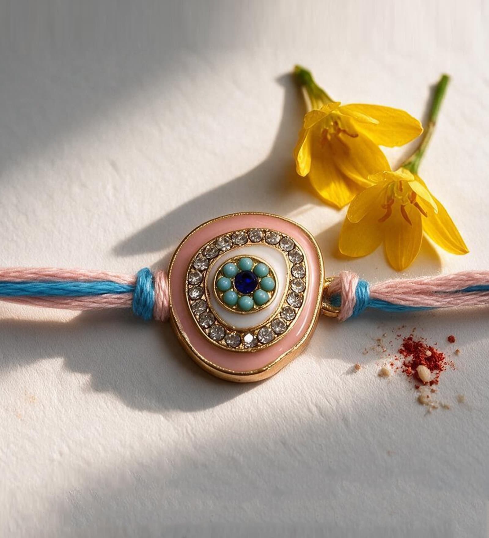 Blue Premium Handmade Evil Eye Crystal Stone Rakhi With Anchor Non-Bleeding Cotton Thread