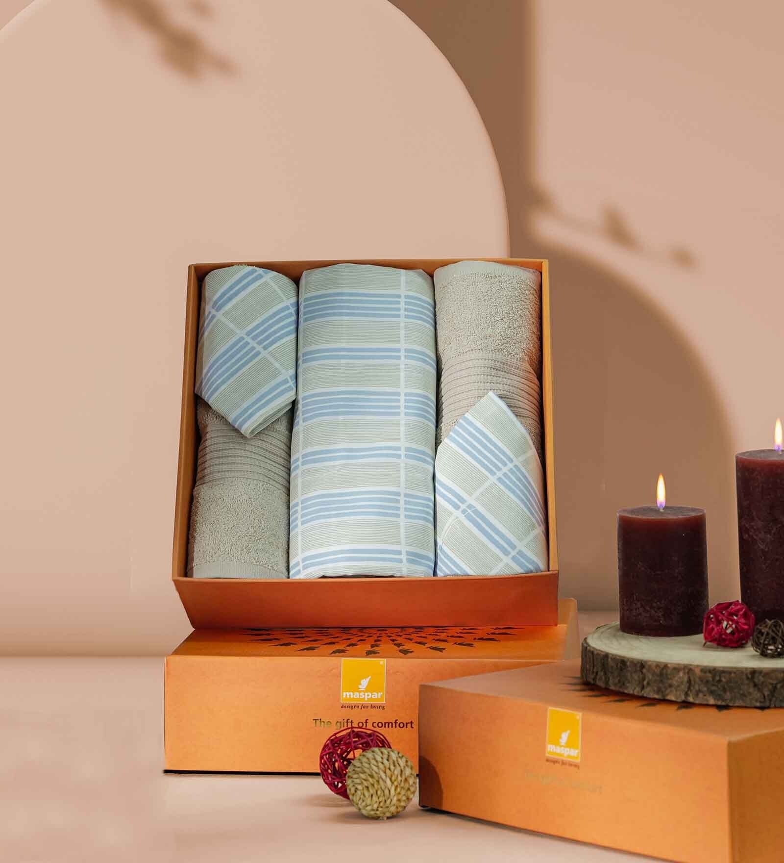 Blue Assorted 144 TC Cotton Queen Size Bedsheet with 2 Pillow Covers,2 Bath Towels and 1 Box
