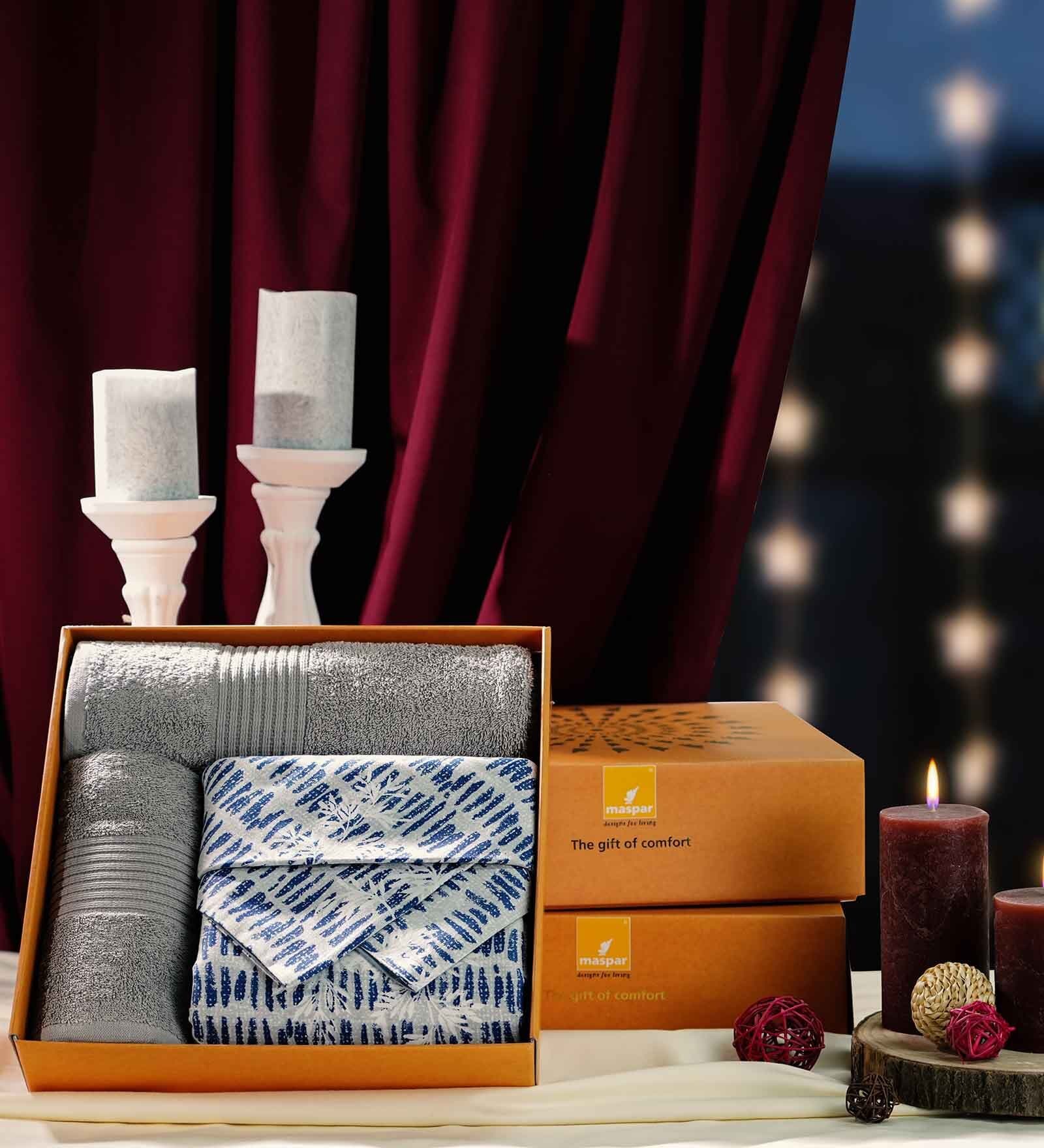 Blue Assorted 200 TC Cotton King Bedsheet With 2 Pillow Covers,2 Bath Towels and Box