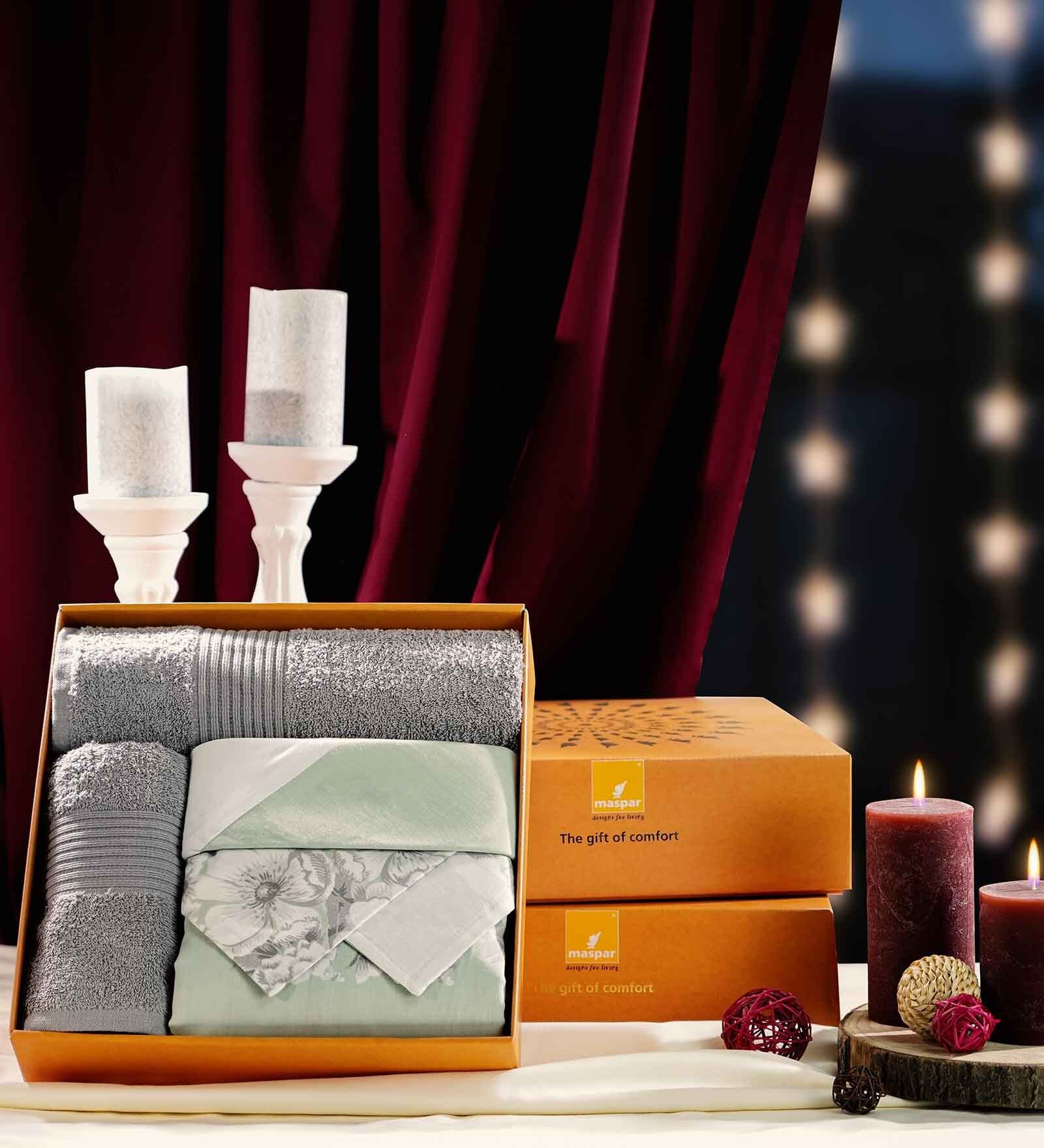 Blue Assorted 200 TC Cotton King Bedsheet With 2 Pillow Covers,2 Bath Towels and Box