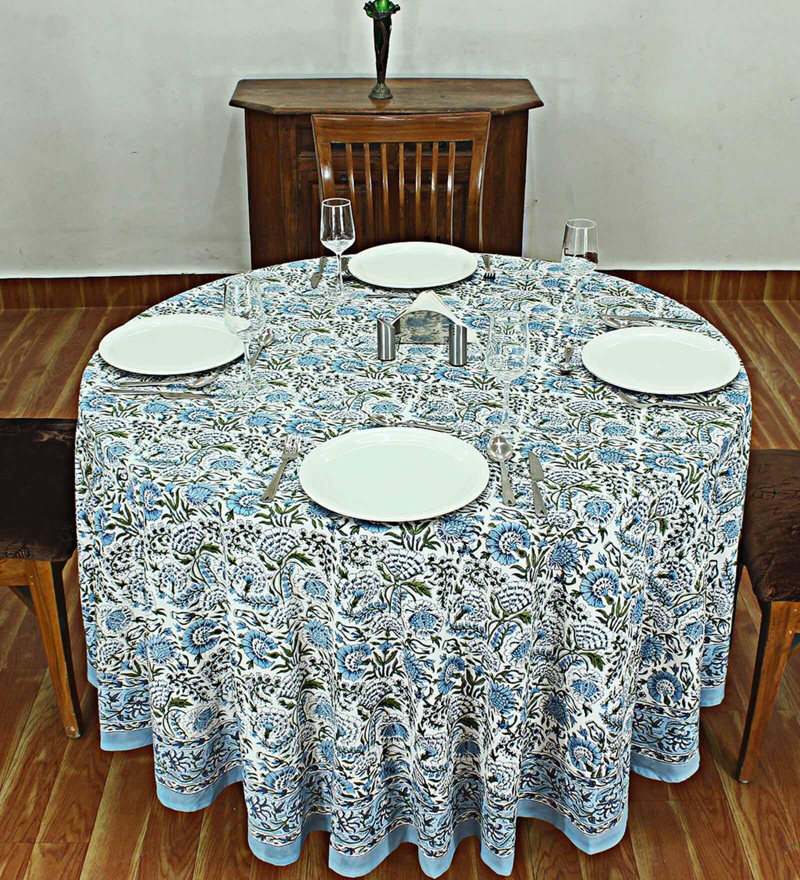 Evergreen (110x110) Blue & White Cotton Table Cloth