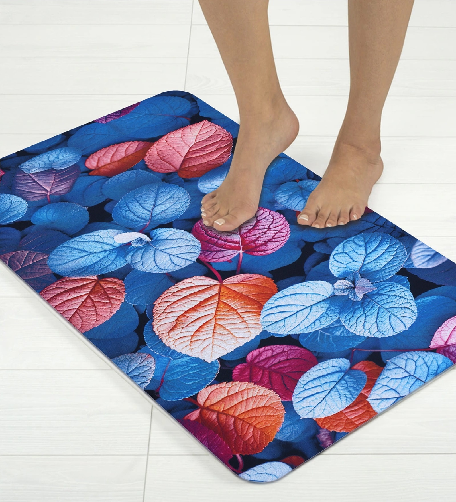 Blue Leaf Printed Rubber 22x14 Inches Anti Skid Bath Mat