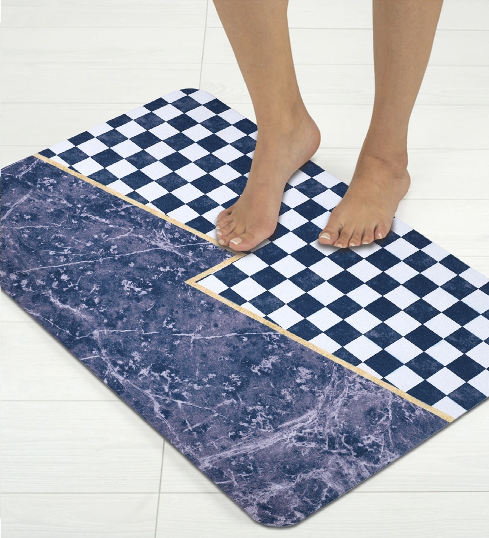 Blue Checked Printed Rubber 22x14 Inches Anti Skid Bath Mat