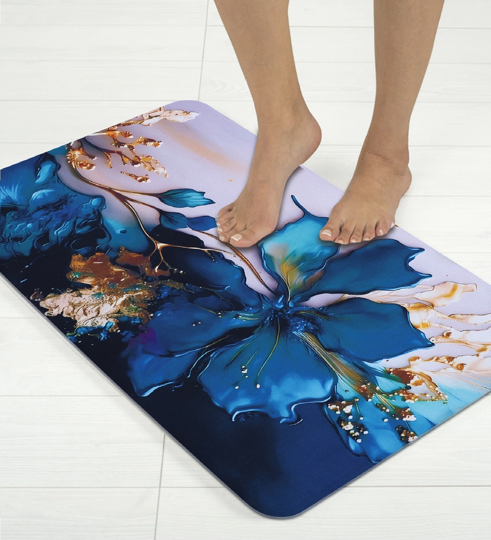 Blue Floral Printed Rubber 22x14 Inches Anti Skid Bath Mat