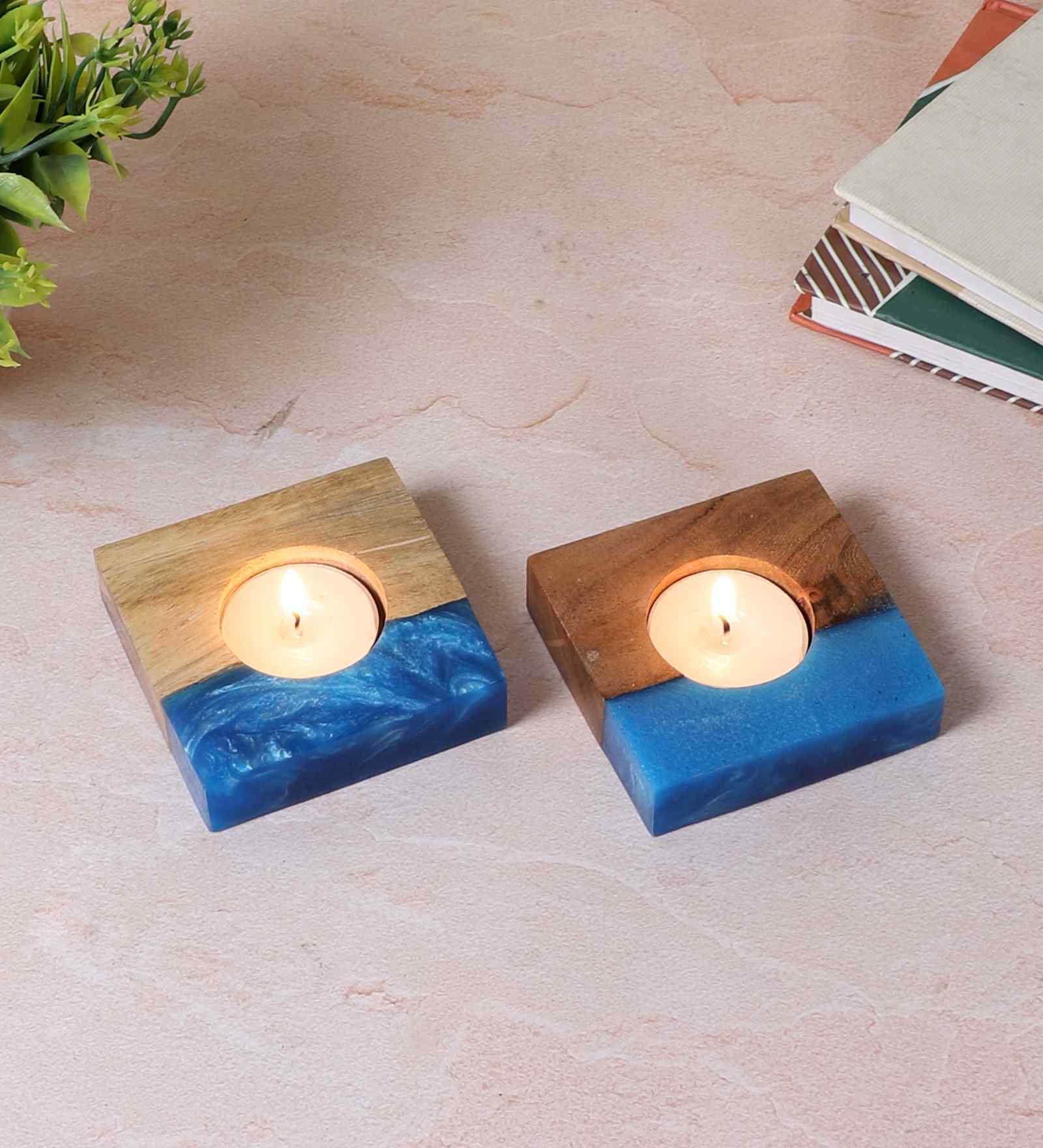 Blue Resin & Mangowood Tealight Holder Set of 2