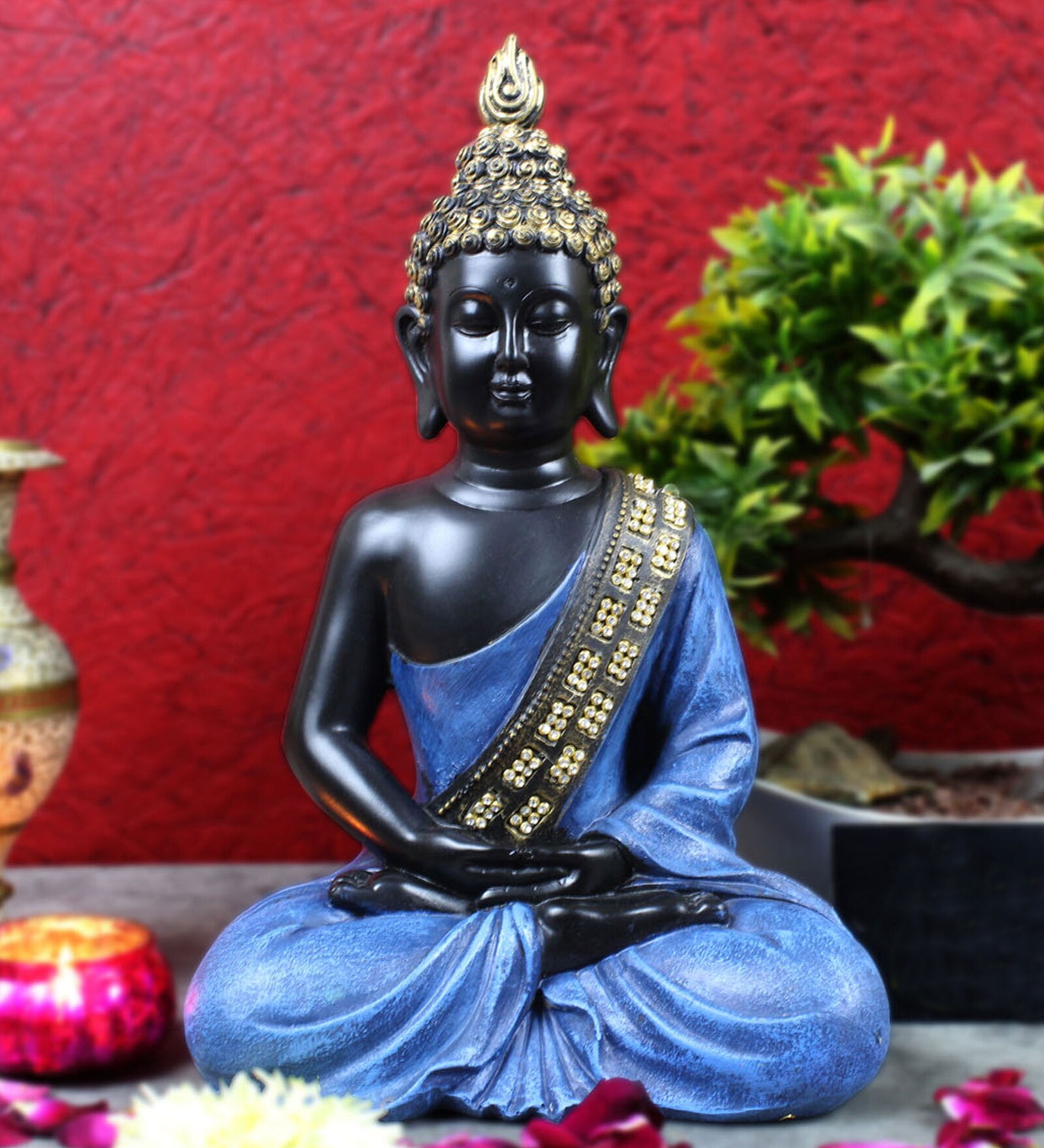 Blue Resin Meditating Buddhist Buddha Idol