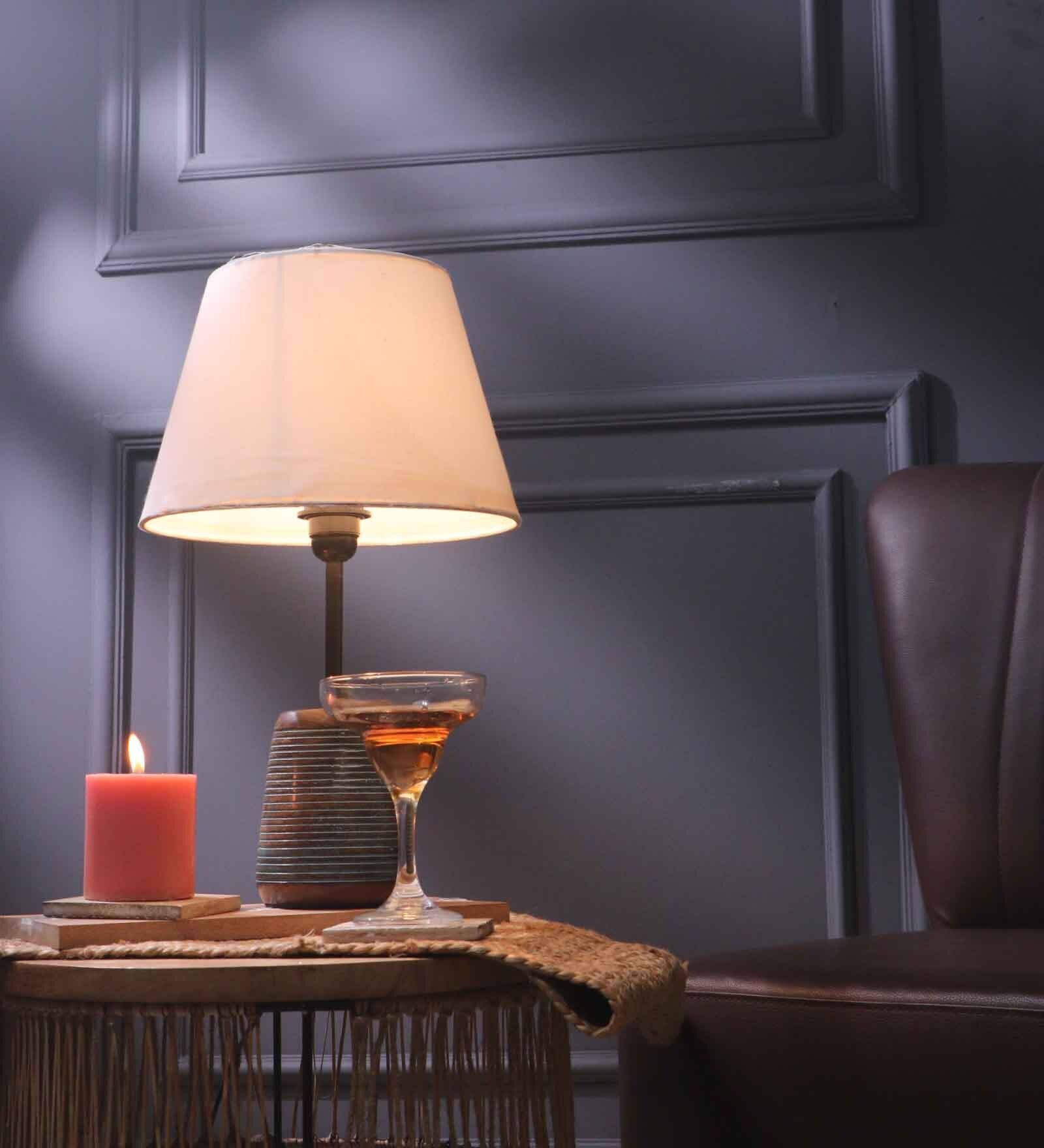 Buy Ribbed E27 Holder Wooden Base Table Lamp (Blue Base) with Fabric ...