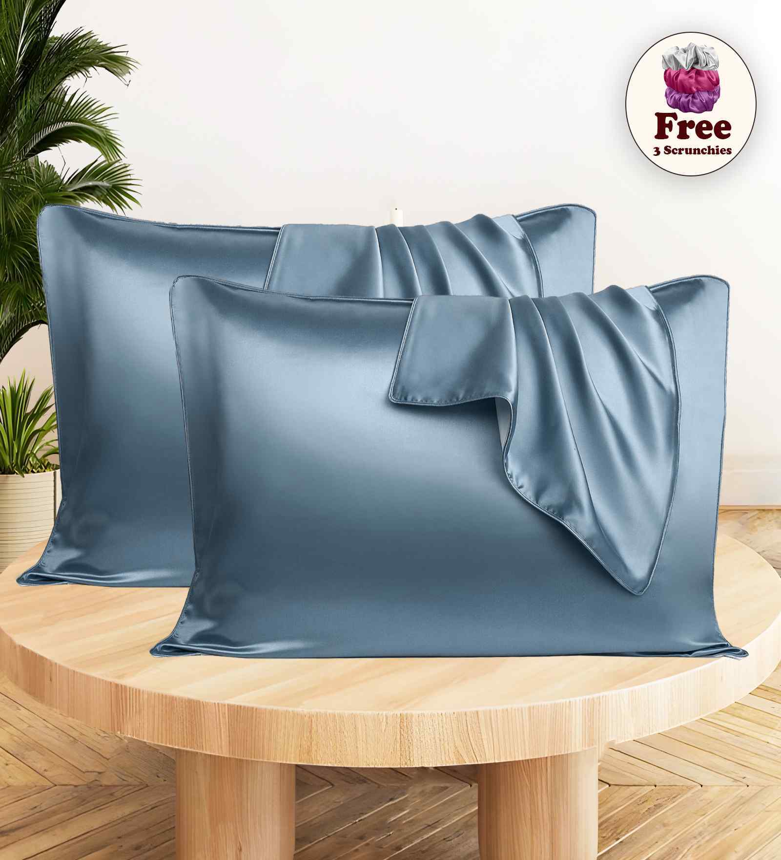 Blue Satin Silk 72x46 cm Pillow Covers (Set of 2) With 1Pc Scrunchie Free
