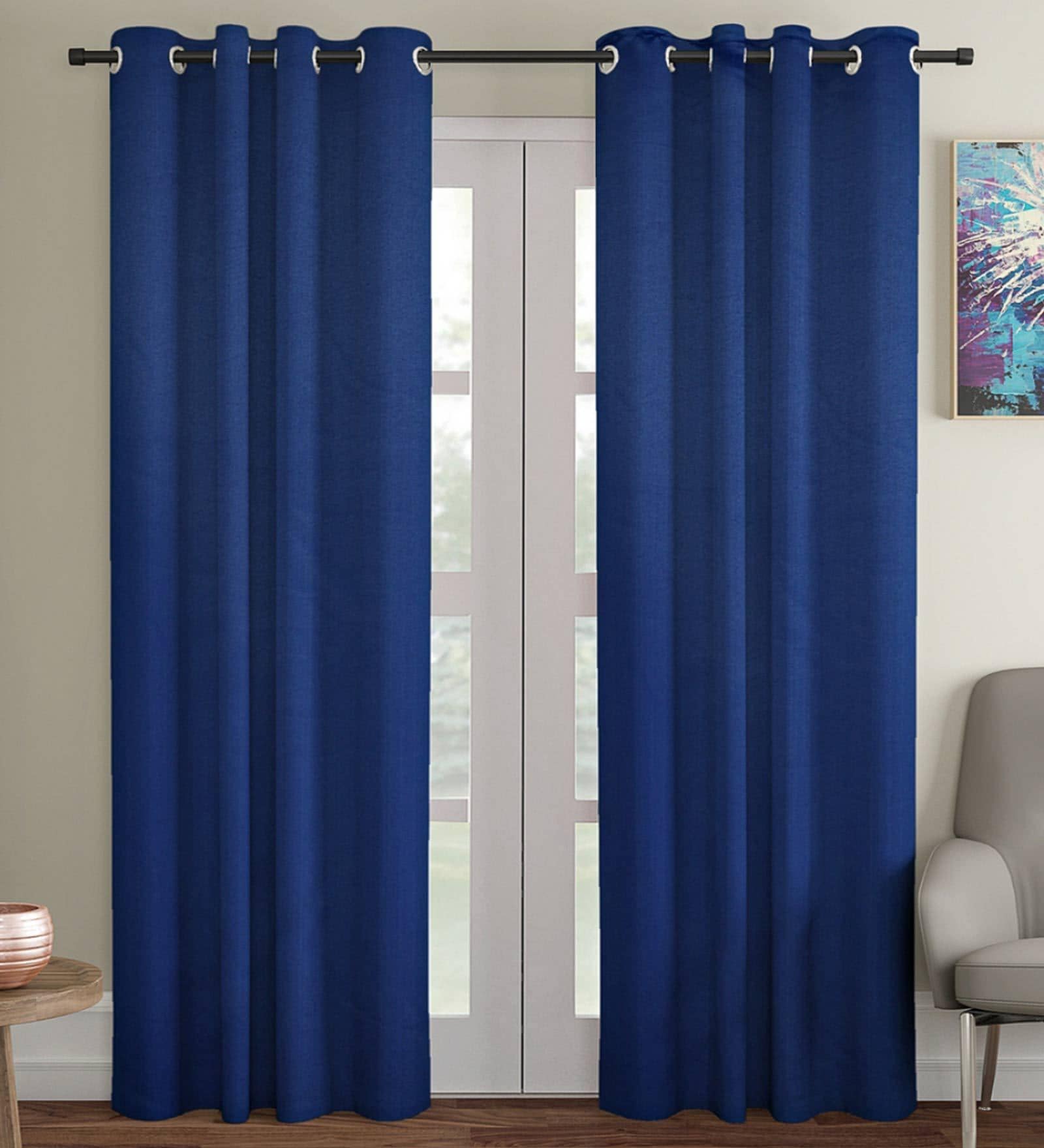 Blue Satin Solid 7FT Light Filtering Eyelet Door Curtains (Pack of 2)