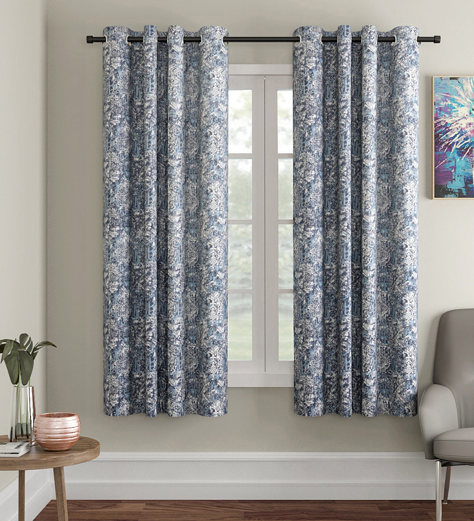 Blue Traditional Cotton 5 Ft Light Filtering Eyelet Window Curtain