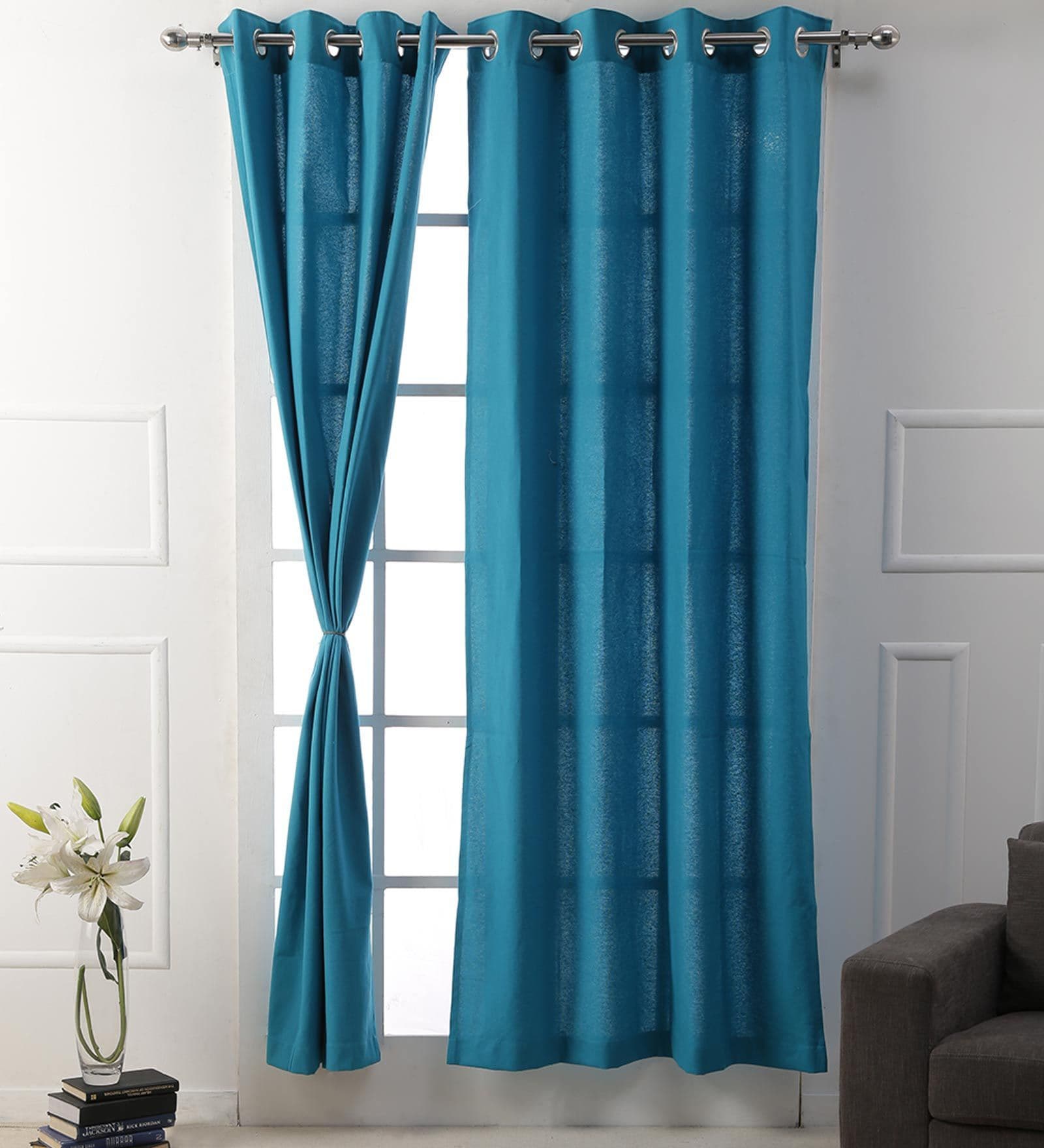 Blue Solid Cotton 7 Ft Light Filtering Eyelet Door Curtain