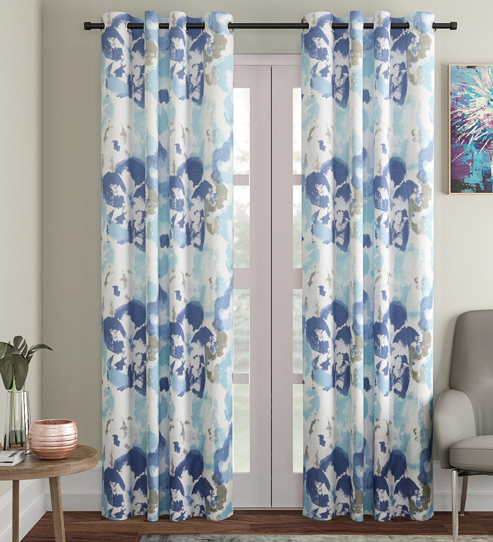 Blue Floral Cotton 5 Ft Light Filtering Eyelet Window Curtain