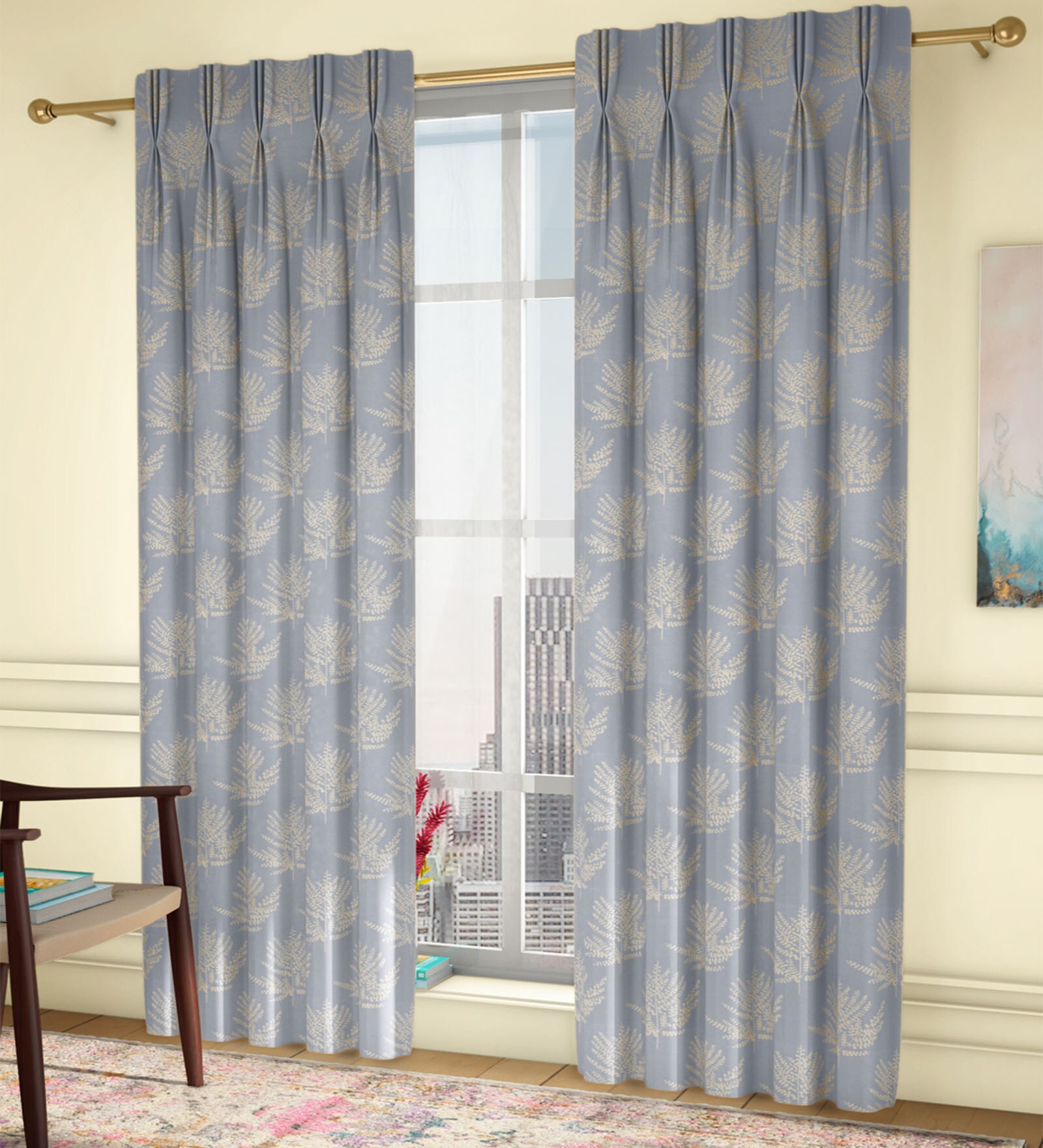 Blue Floral Poly Cotton 7 Ft Light Filtering Pinch Pleat Door Curtains (Set of 2)