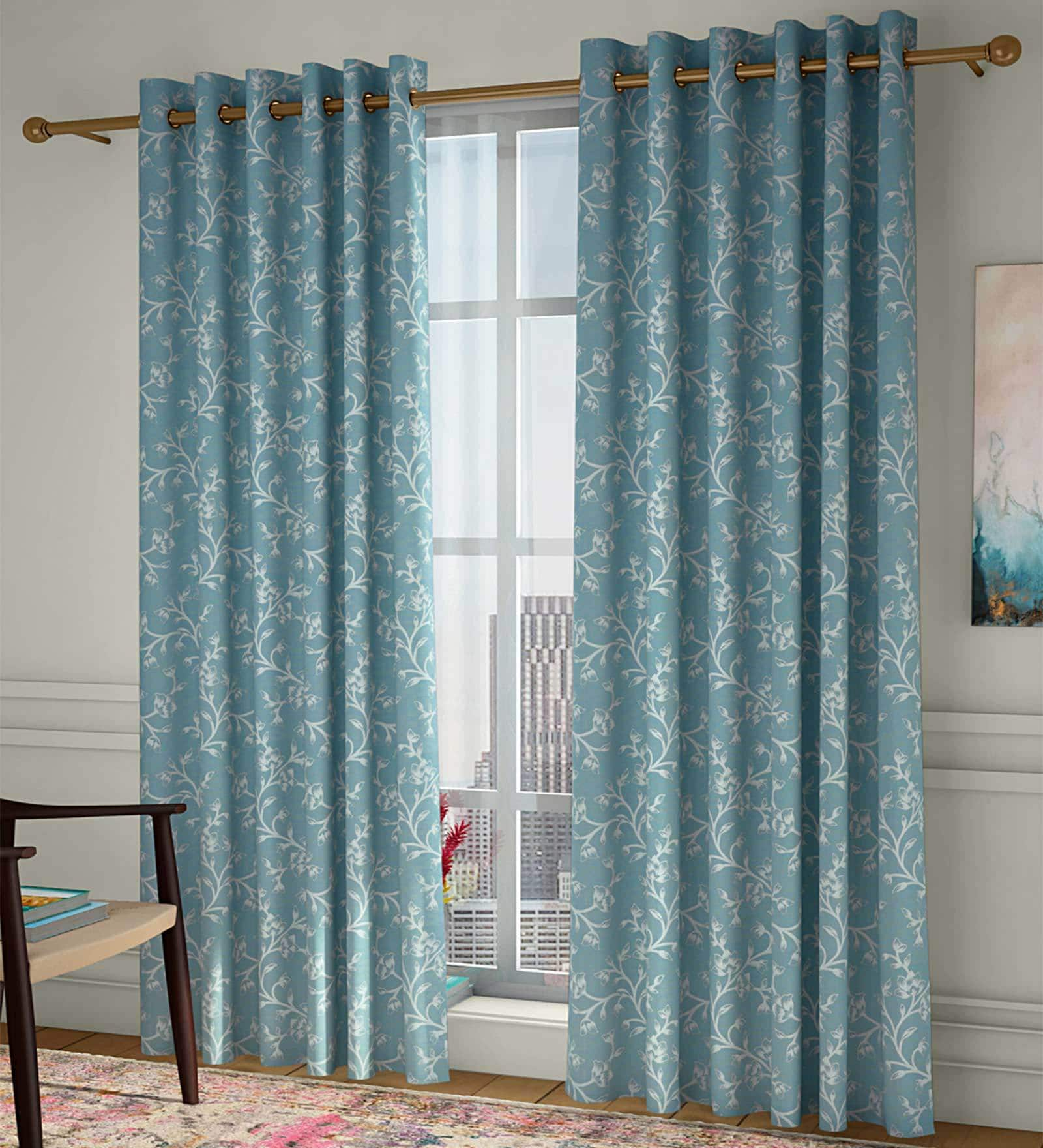 Buy Blue Floral Poly Cotton 5 Ft Light Filtering Eyelet Window Curtains ...