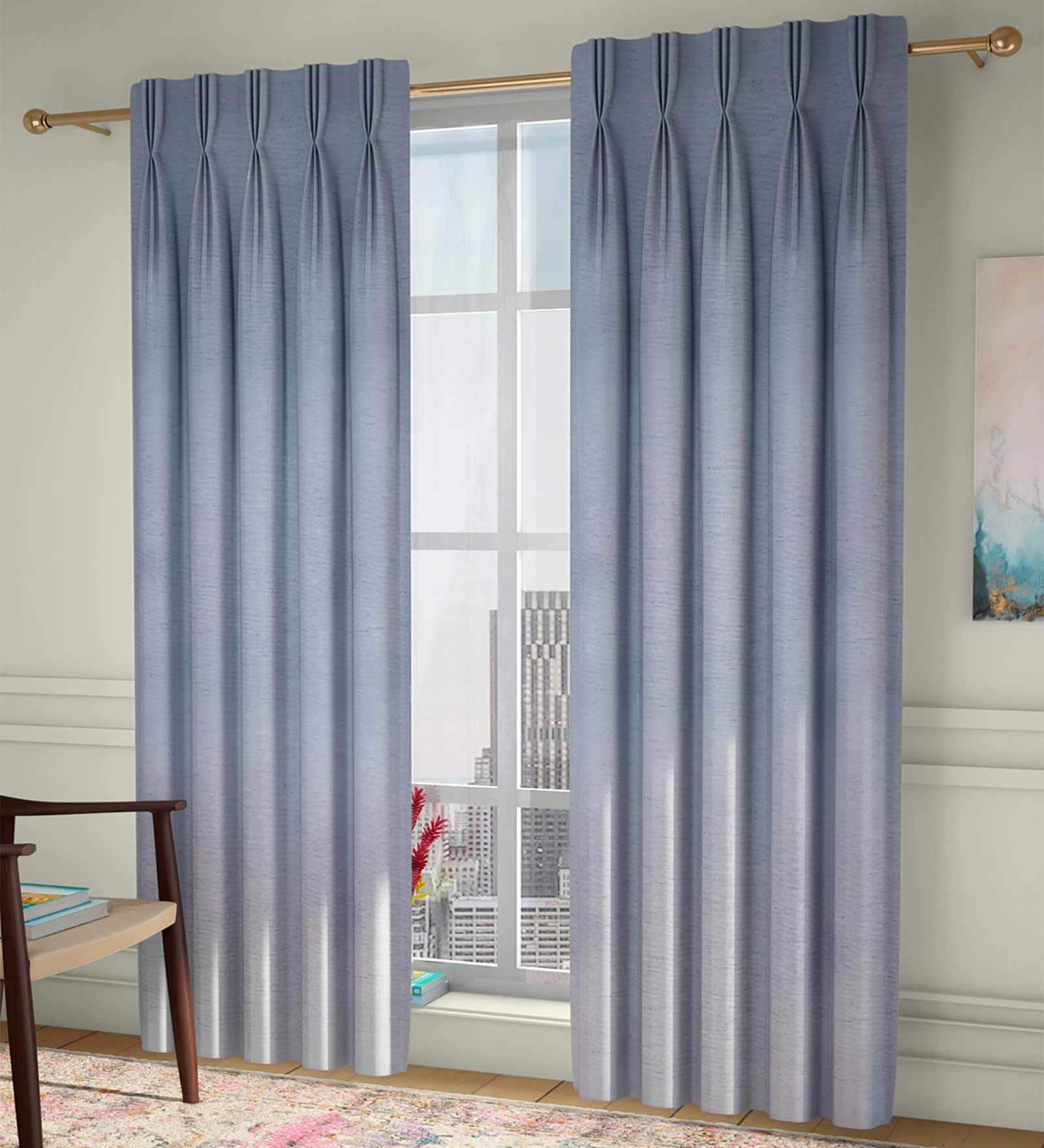 Blue Solid Poly Cotton 5 Ft Light Filtering Pinch Pleat Window Curtains (Set of 2)