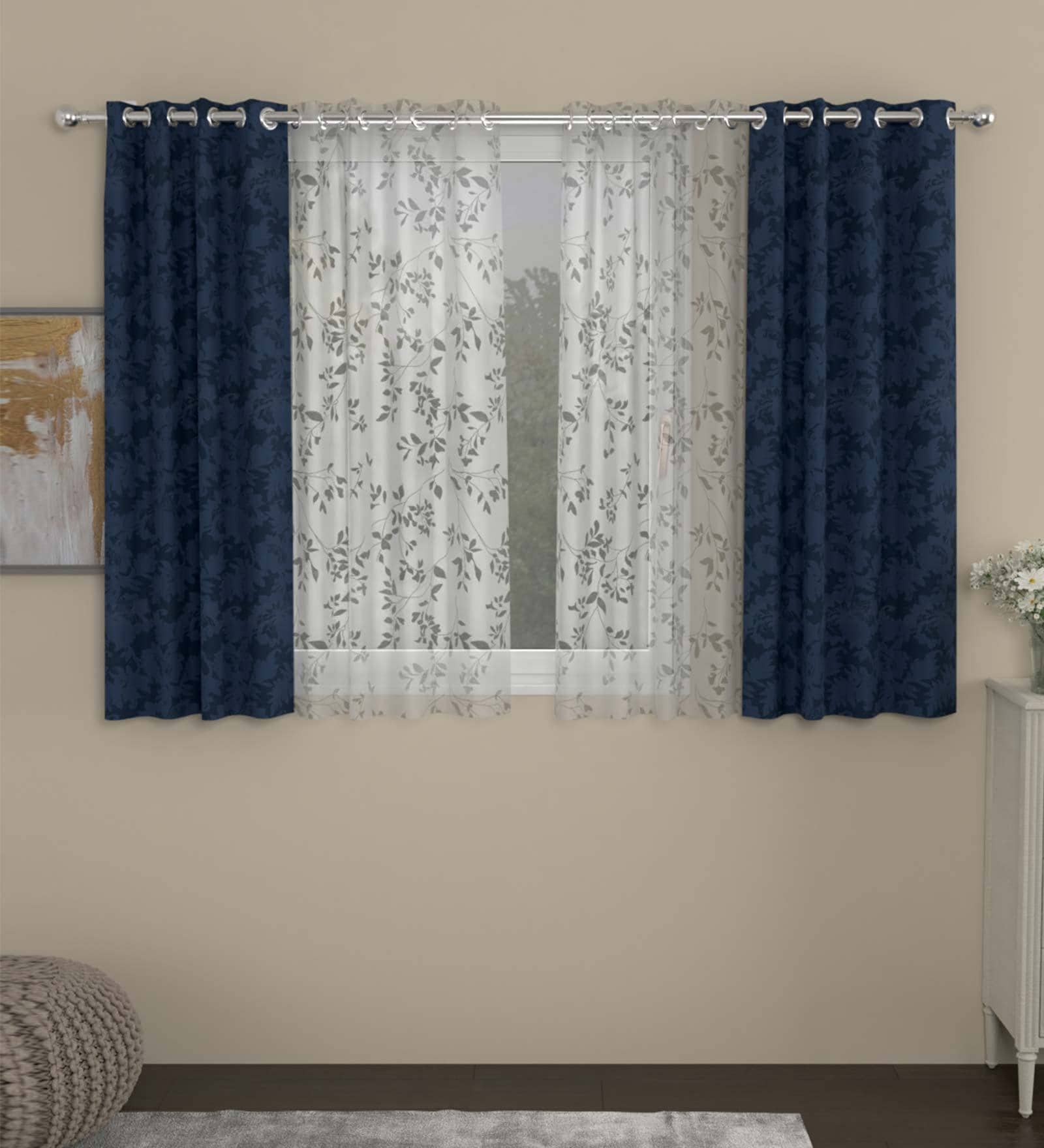 Blue Semisheer Polyester 5 Feet Eyelet Set of 4 Curtains
