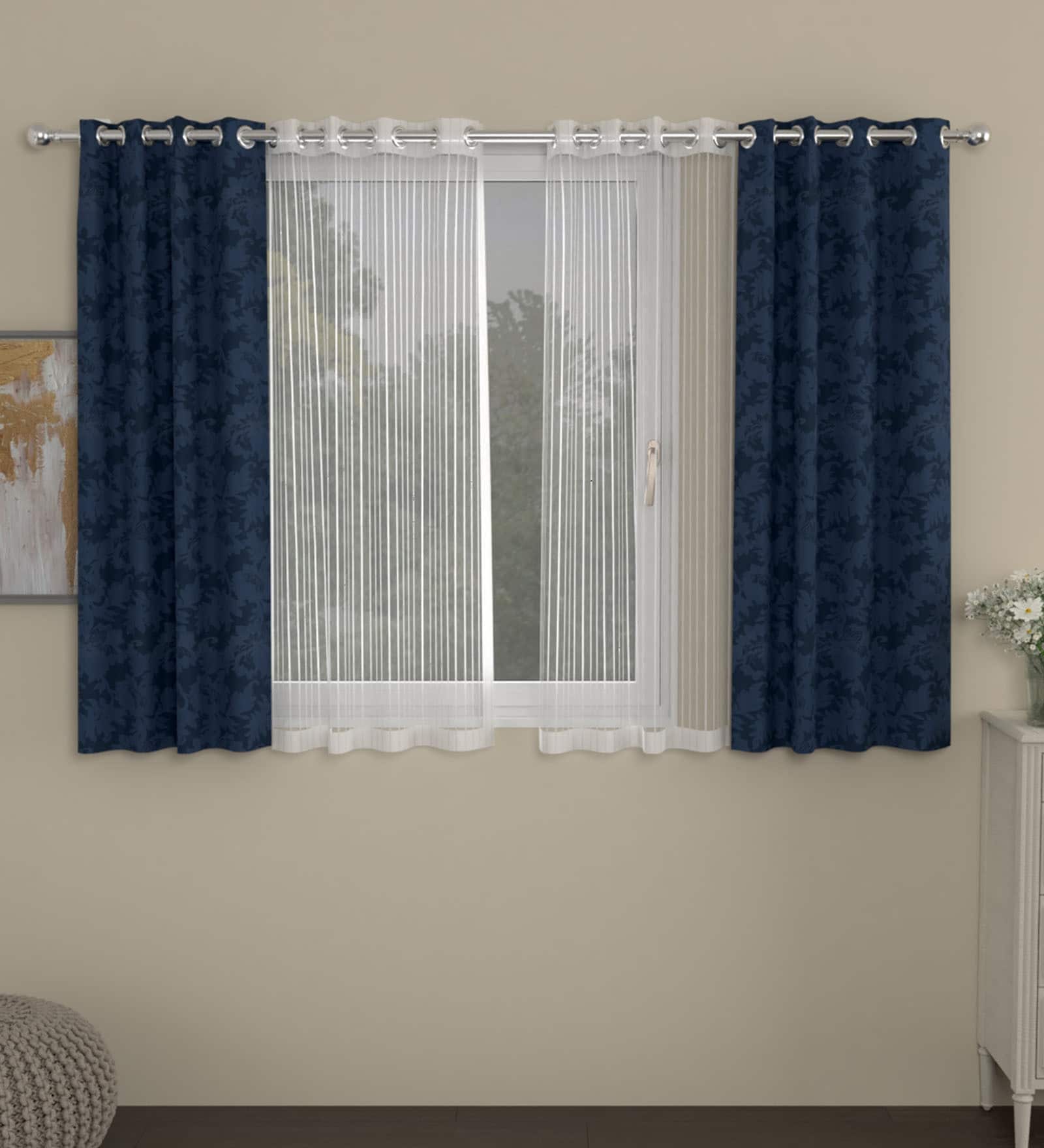 Blue Semisheer Polyester 5 Feet Eyelet Set of 4 Curtains