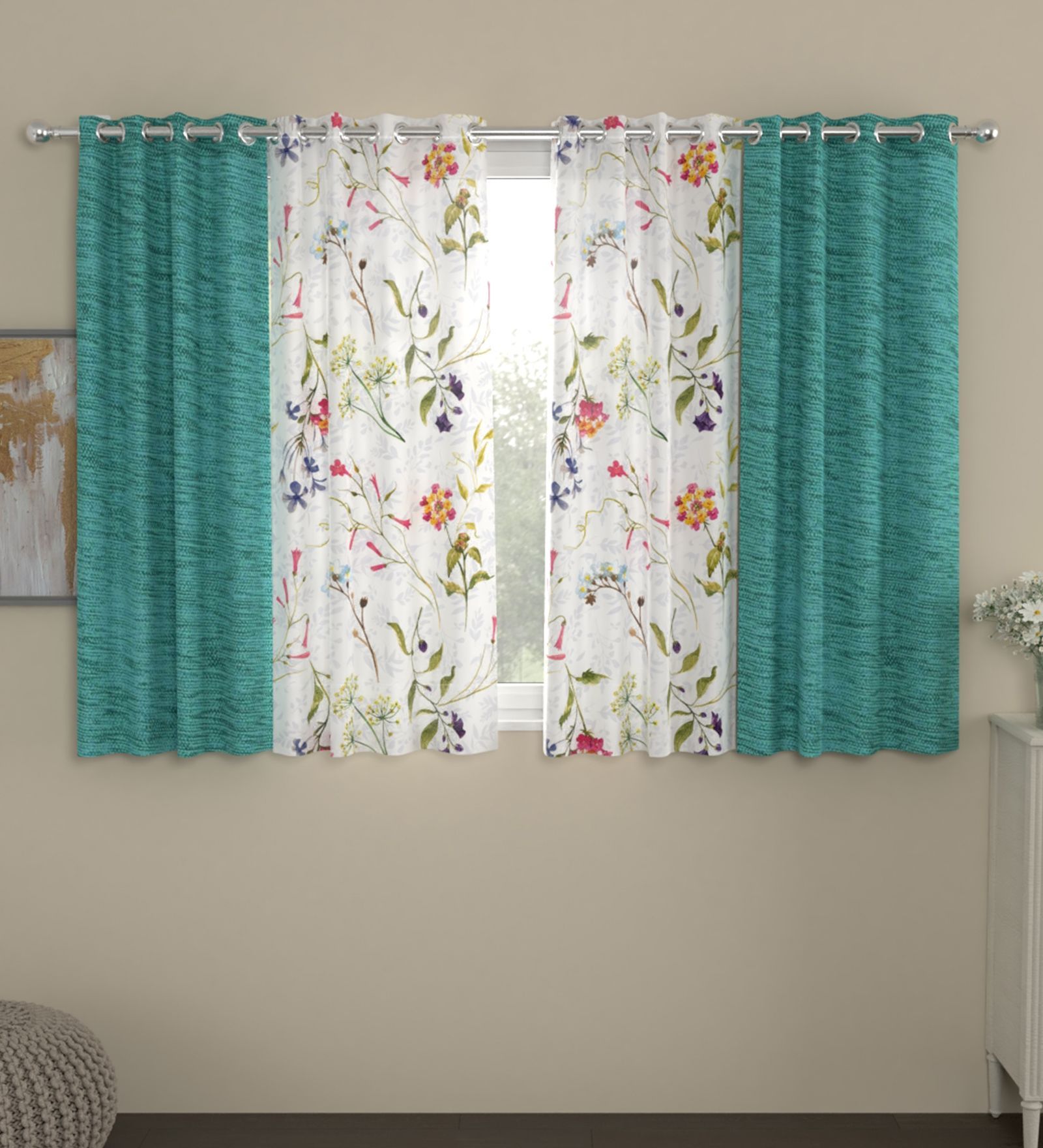 Green Polyester Floral 5ft Semisheer Eyelet 4 Pcs Window Curtains