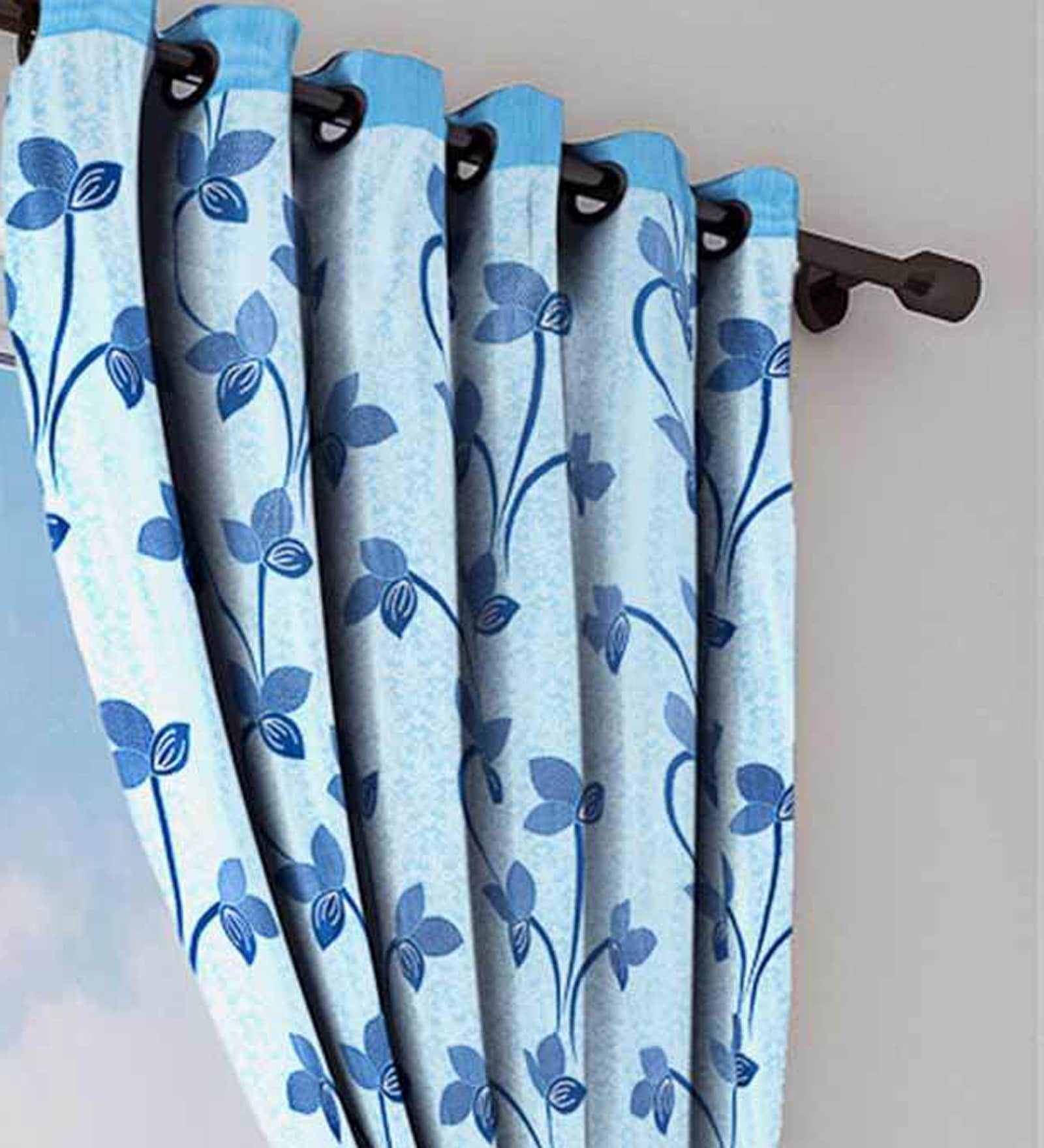 Blue Floral Polyester 5 Ft Semisheer Eyelet Window Curtains (Set of 2)